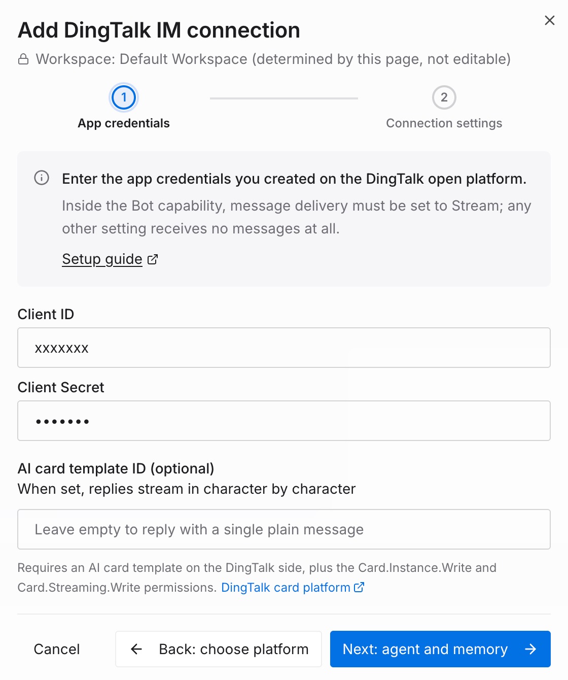 Enter the app credentials issued by the chat platform