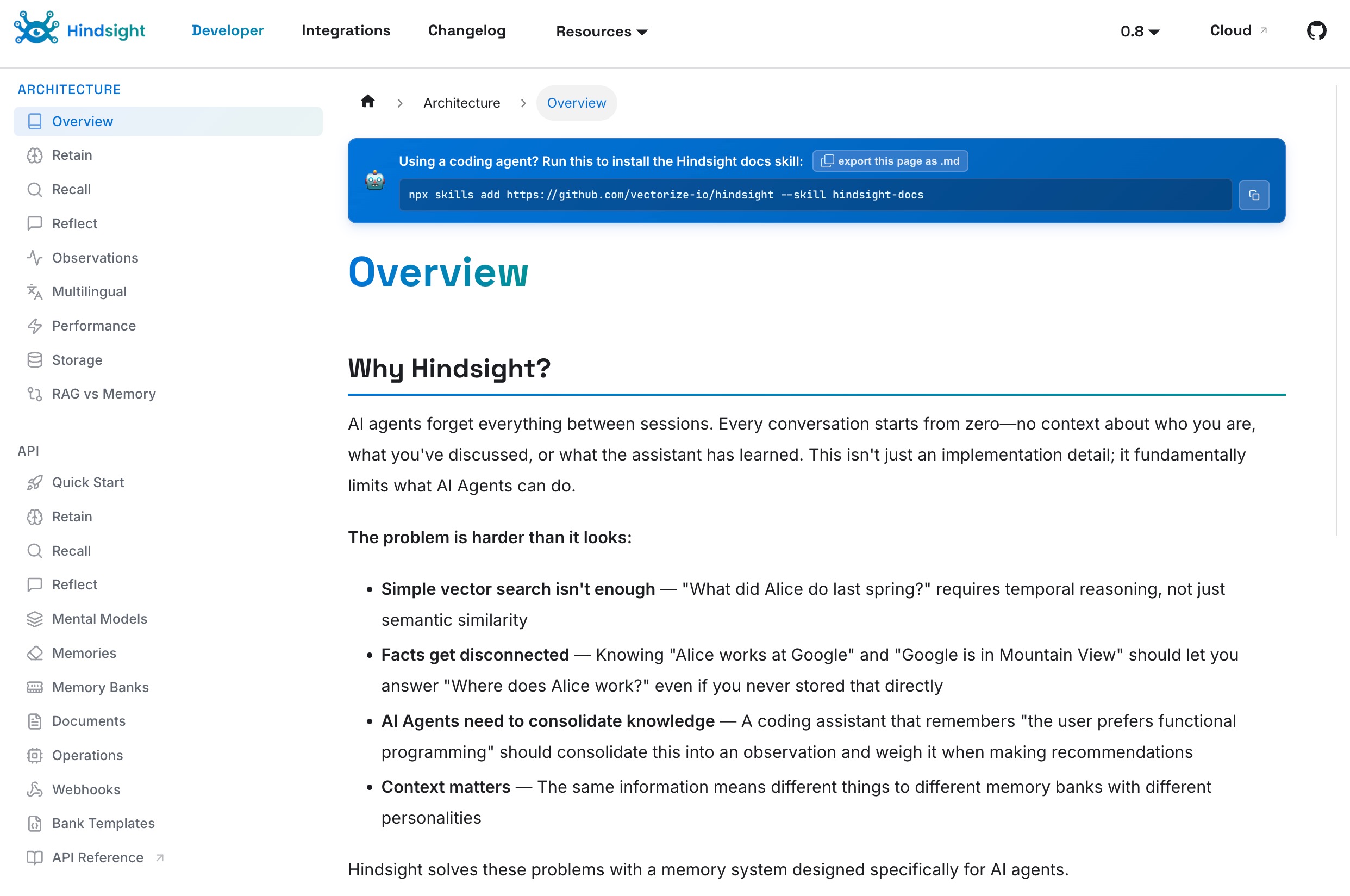 Hindsight memory system with retain, recall and reflect APIs for AI agents