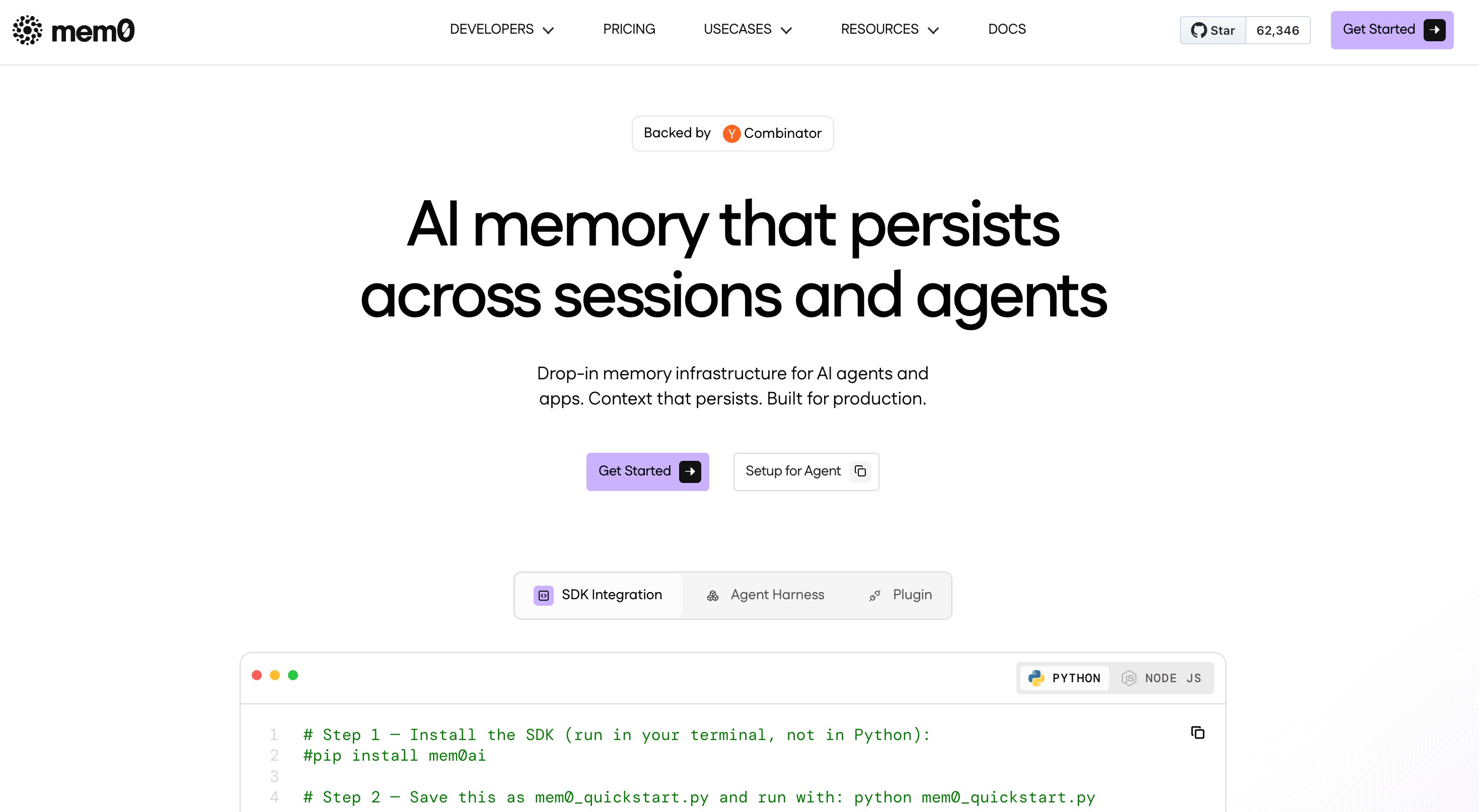 Mem0 drop-in memory layer that persists across sessions and agents