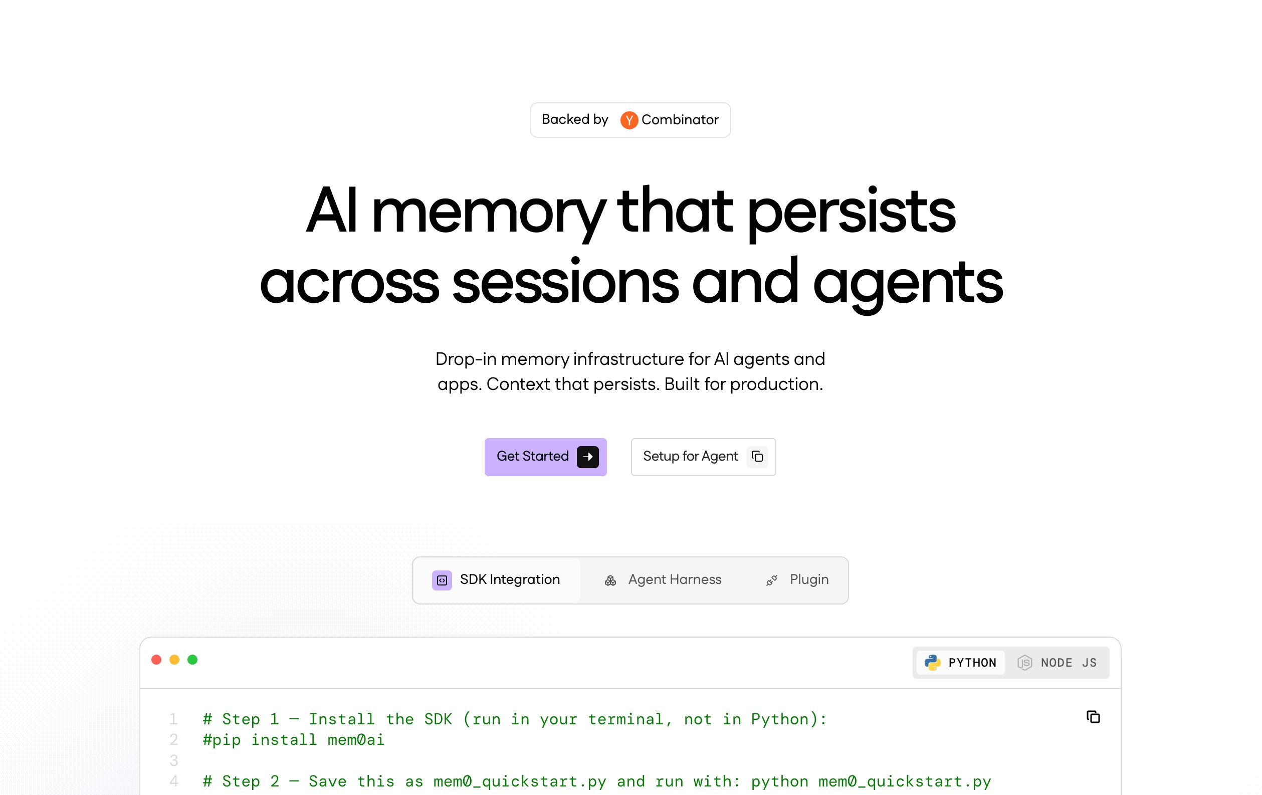 The Mem0 homepage: AI memory that persists across sessions and agents, with a drop-in SDK quickstart shown in Python and Node