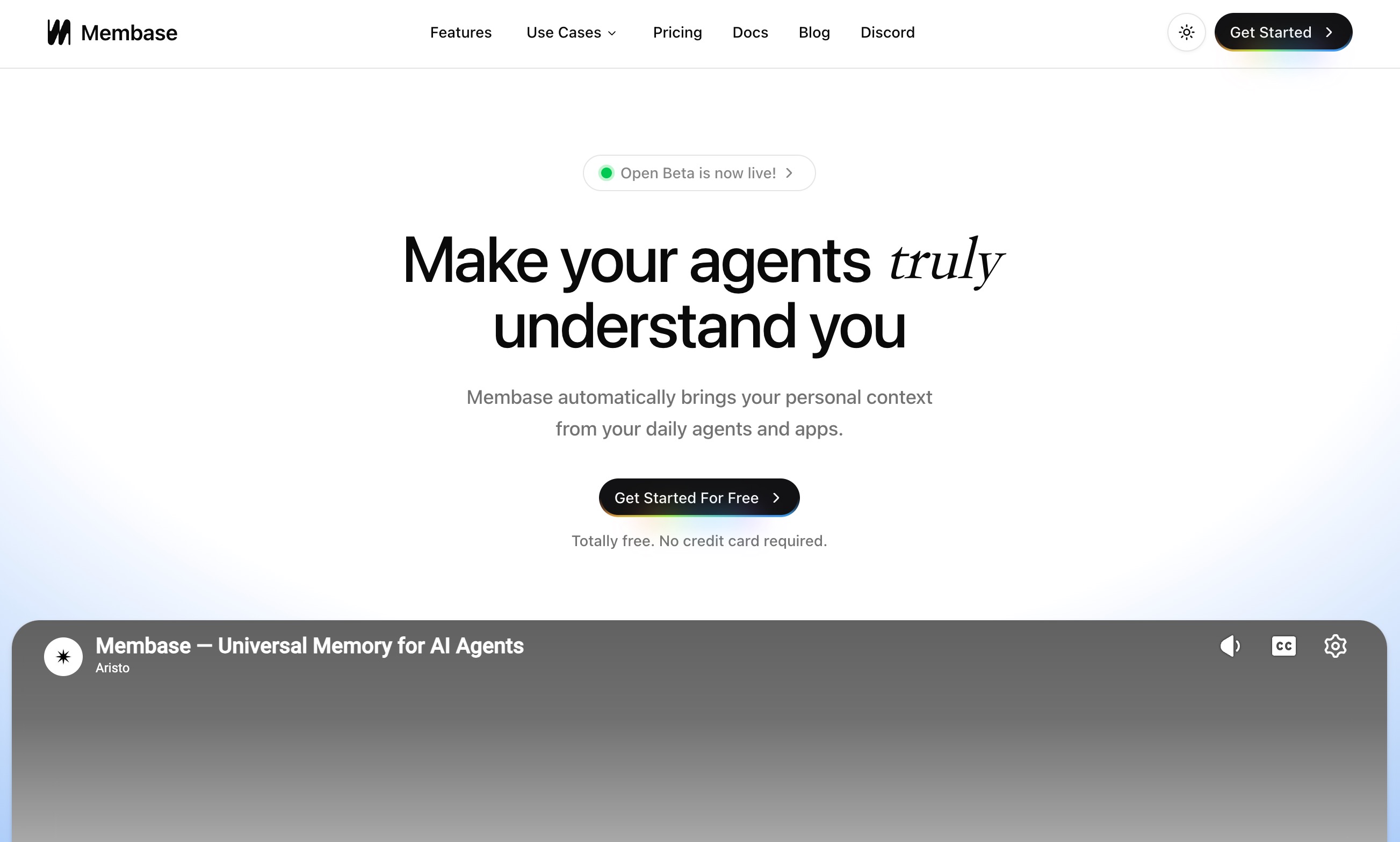 The Membase homepage announcing its open beta: make your agents truly understand you by bringing personal context from your daily agents and apps
