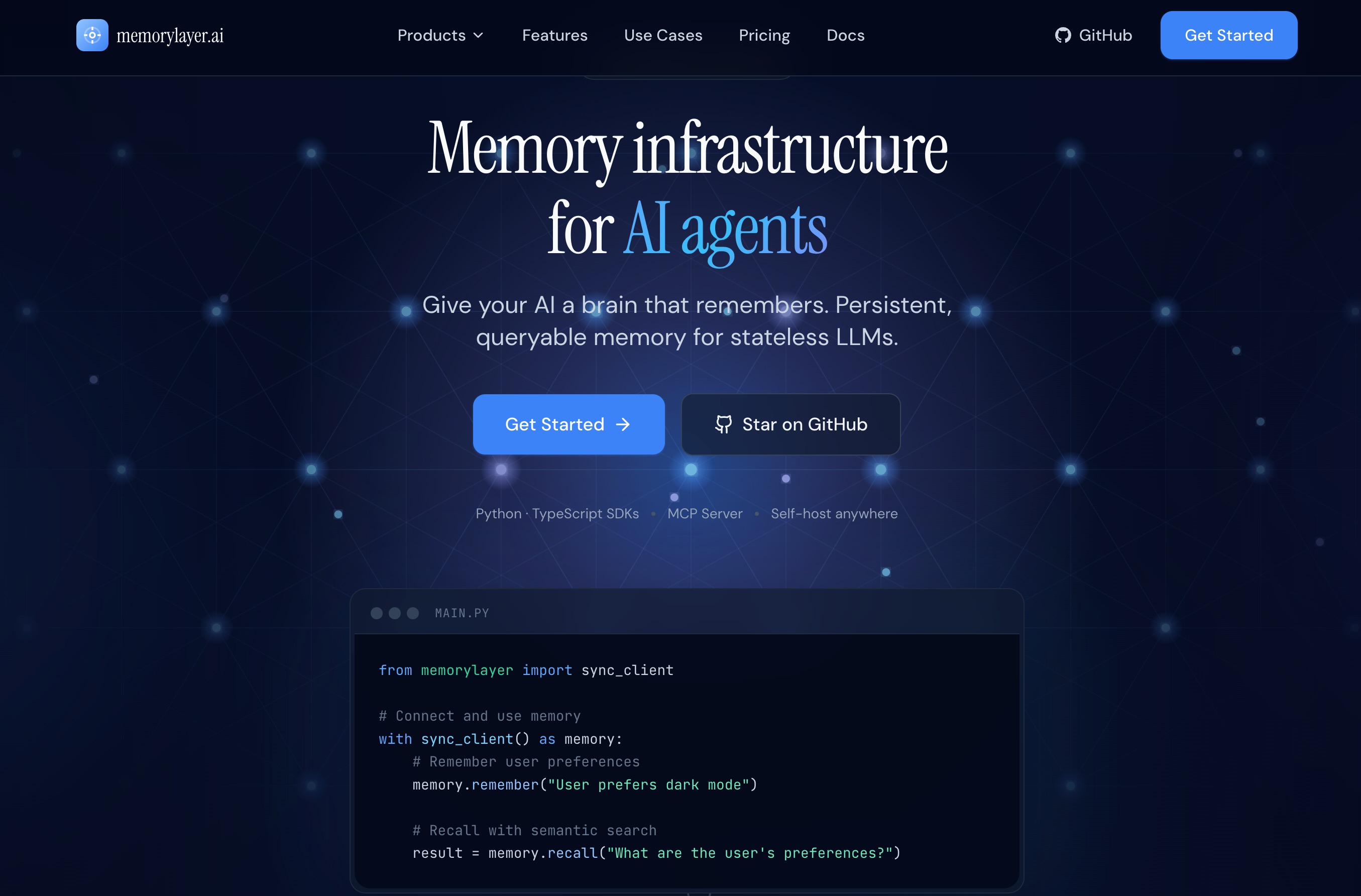 The memorylayer.ai homepage: memory infrastructure for AI agents, with a Python snippet that remembers a user preference and recalls it by semantic search