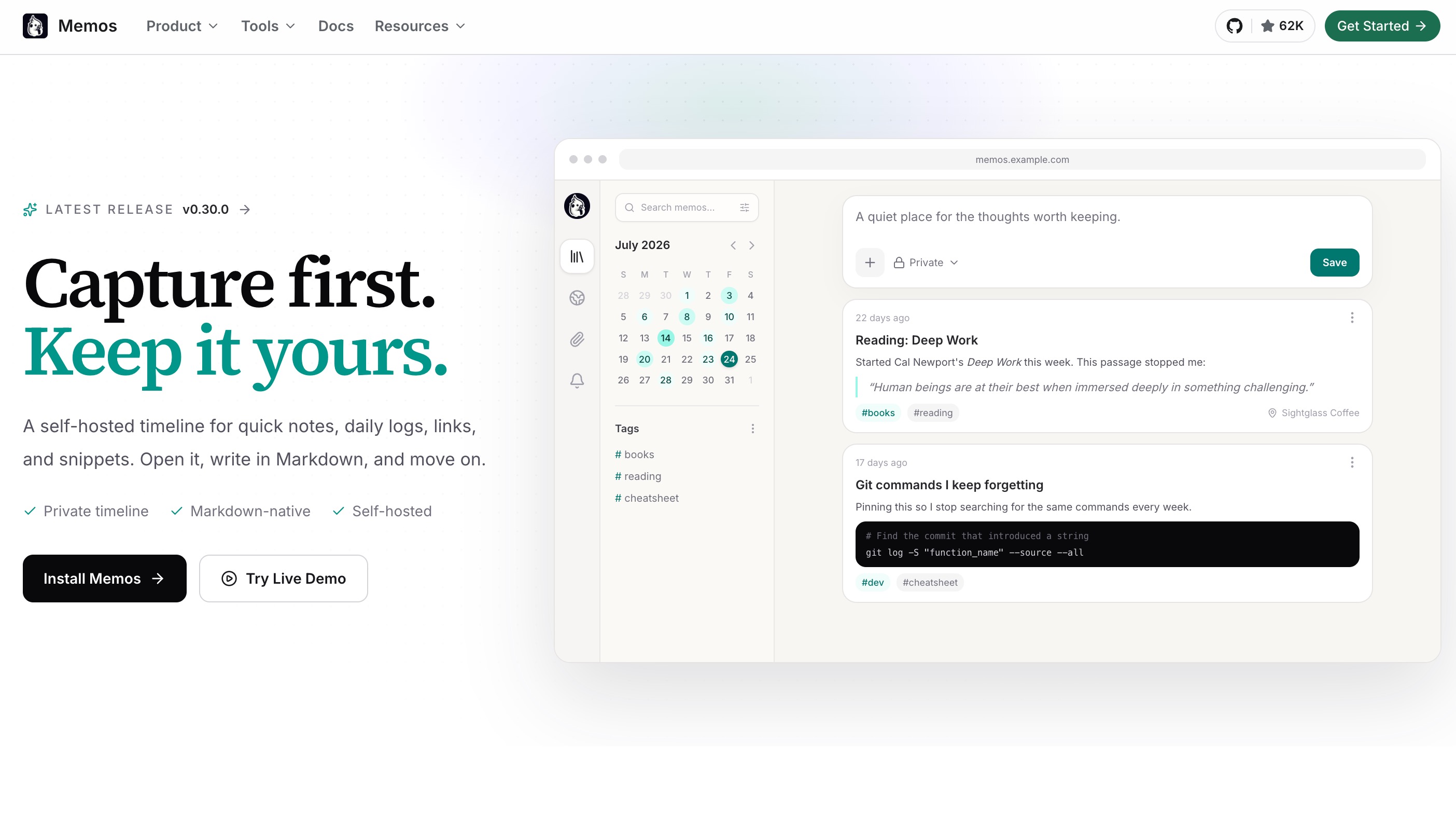 The Memos homepage: a self-hosted, markdown-native private timeline for quick notes, daily logs, links and snippets, shown beside a sample timeline of entries