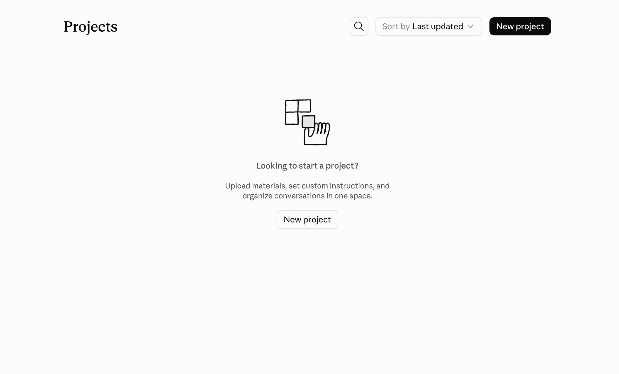 The Claude Projects screen with no projects yet, inviting you to upload materials, set custom instructions and organize conversations in one space