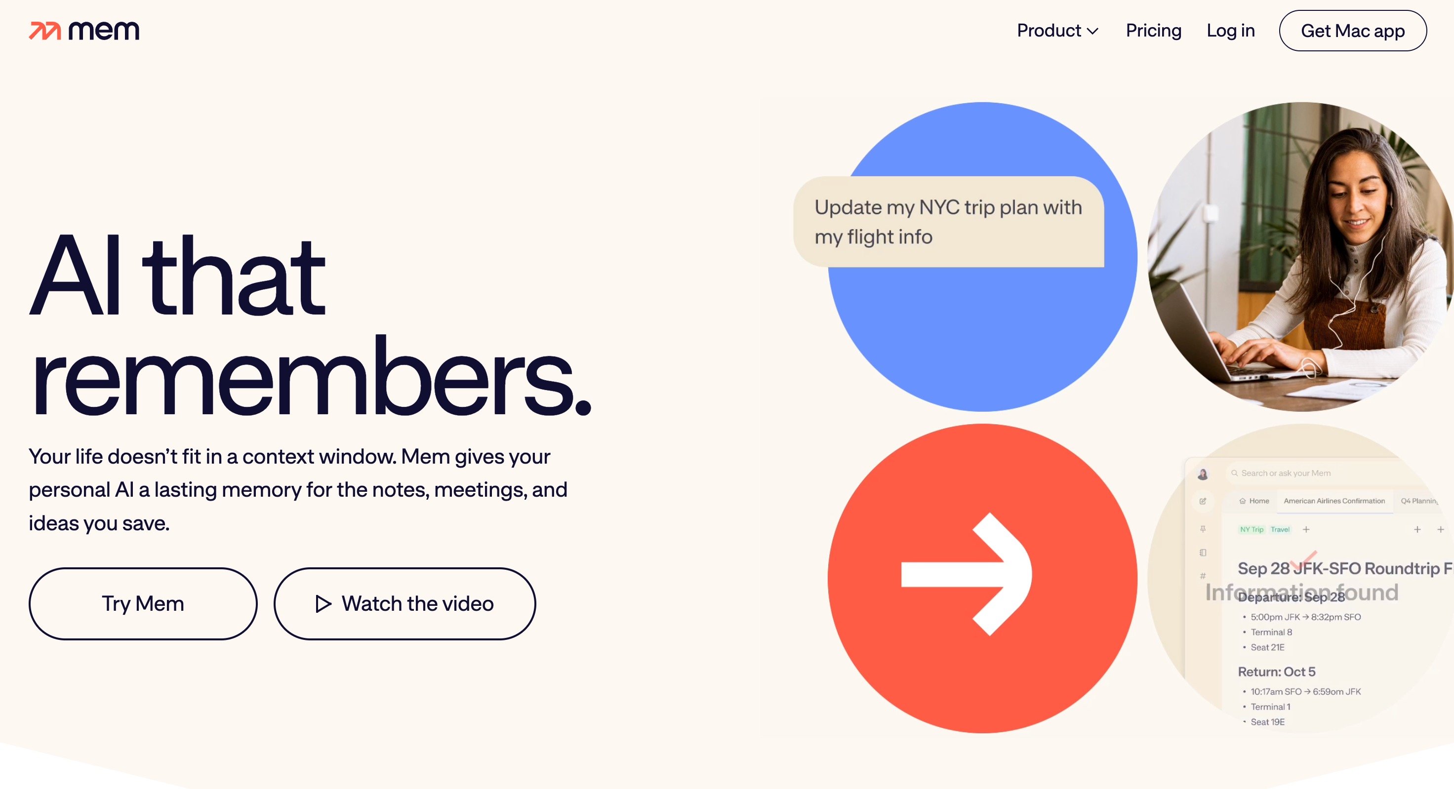 The Mem homepage: AI that remembers, giving your personal AI a lasting memory for the notes, meetings and ideas you save