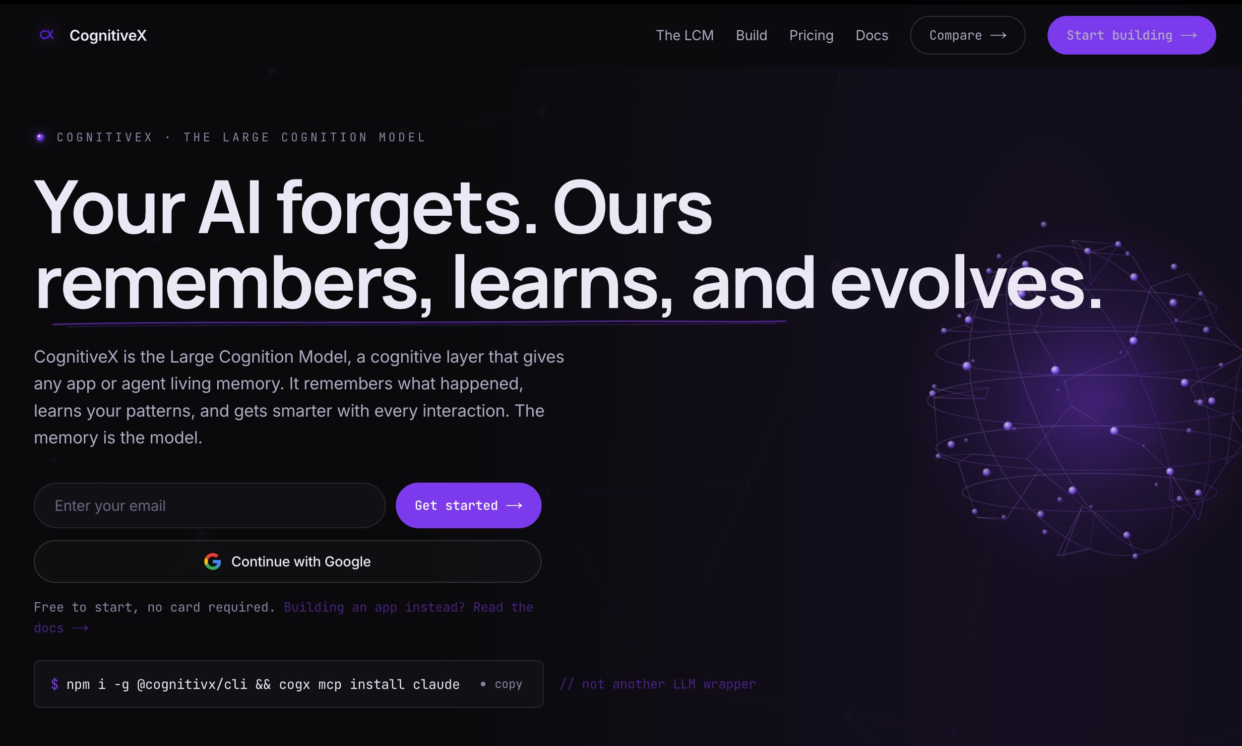 The CognitiveX homepage: the Large Cognition Model, a cognitive layer that gives any app or agent living memory