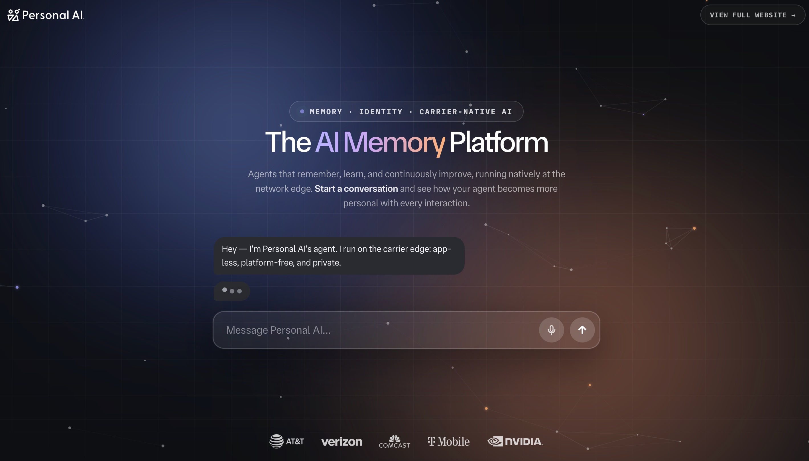 The Personal AI homepage: the AI memory platform, with agents that remember and improve running natively at the network edge