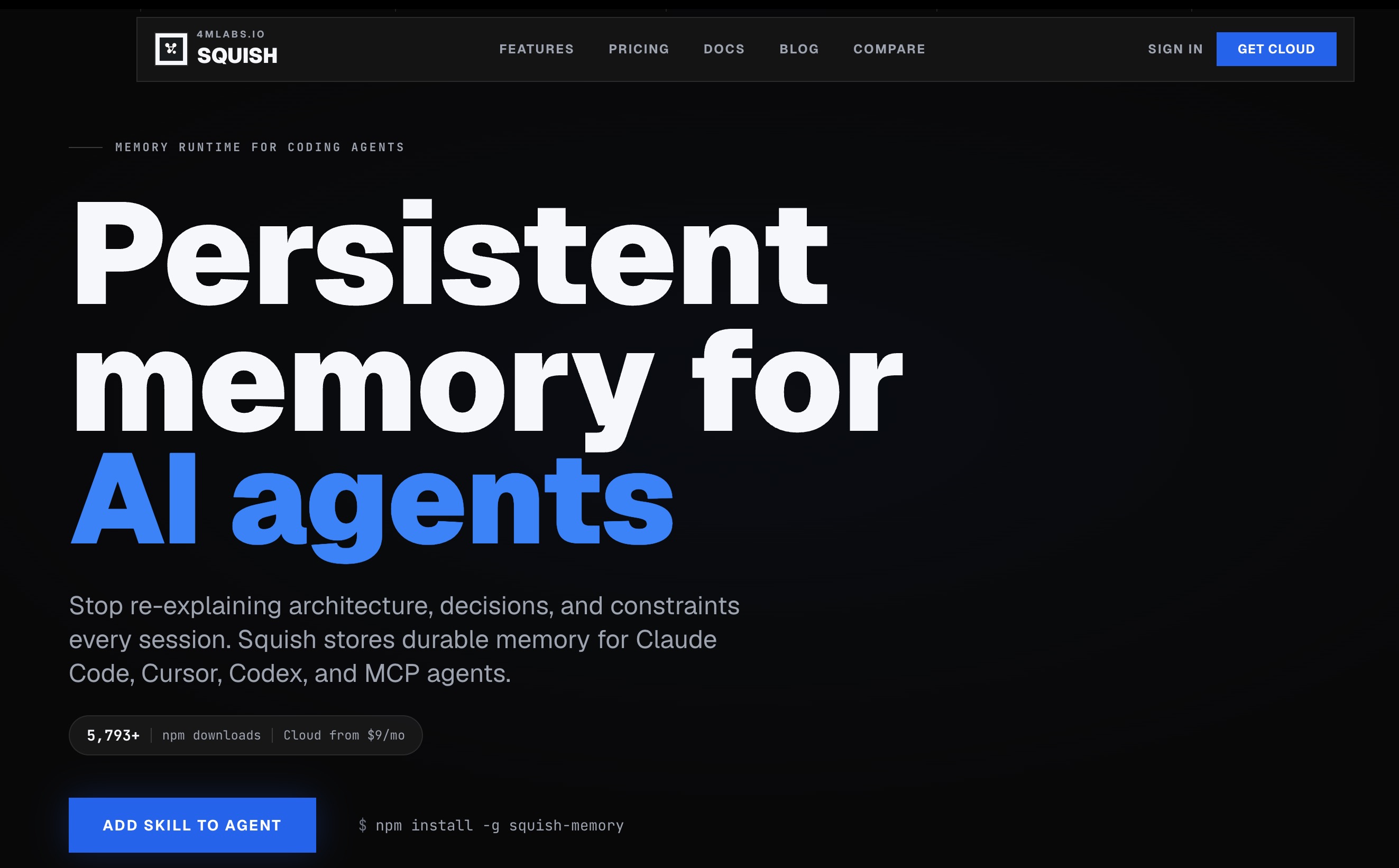 Squish homepage offering persistent memory for Claude Code, Cursor, Codex and MCP agents