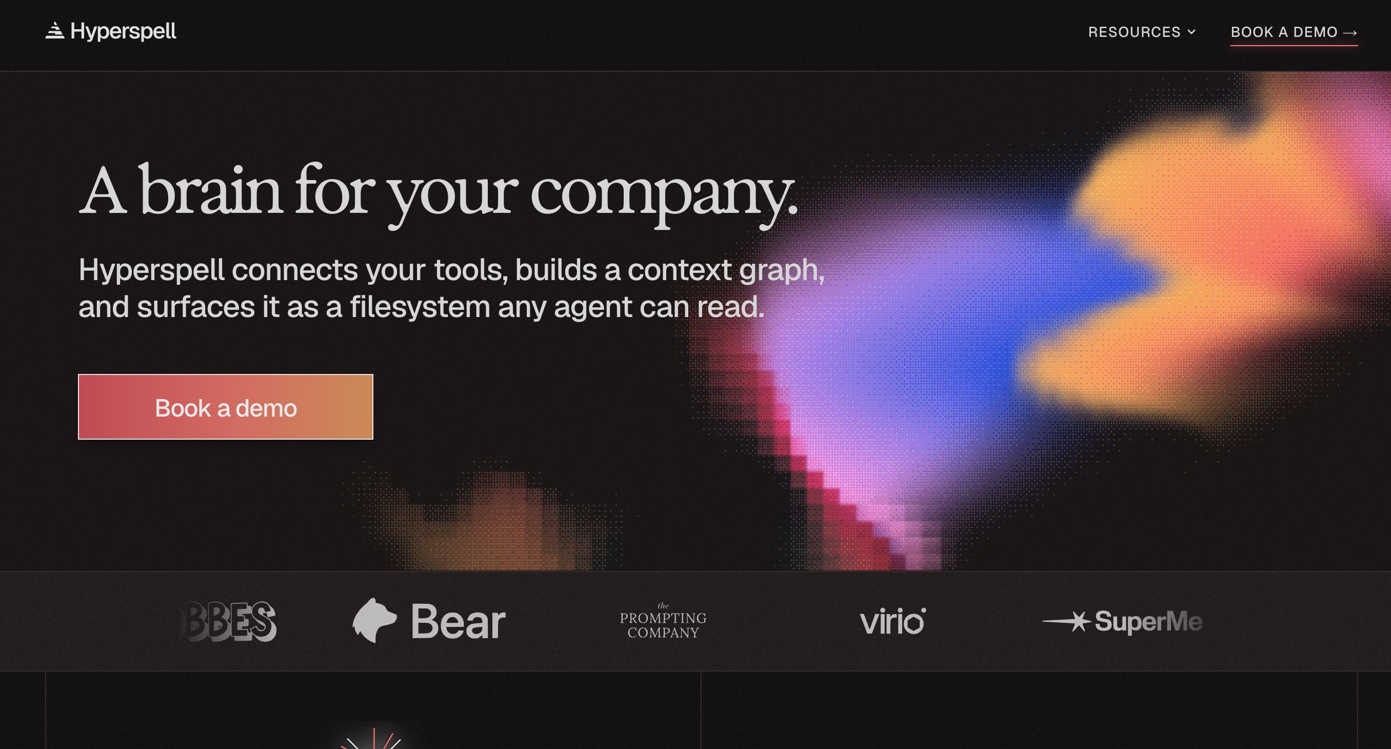The Hyperspell homepage: a brain for your company, connecting your tools into a context graph surfaced as a filesystem any agent can read