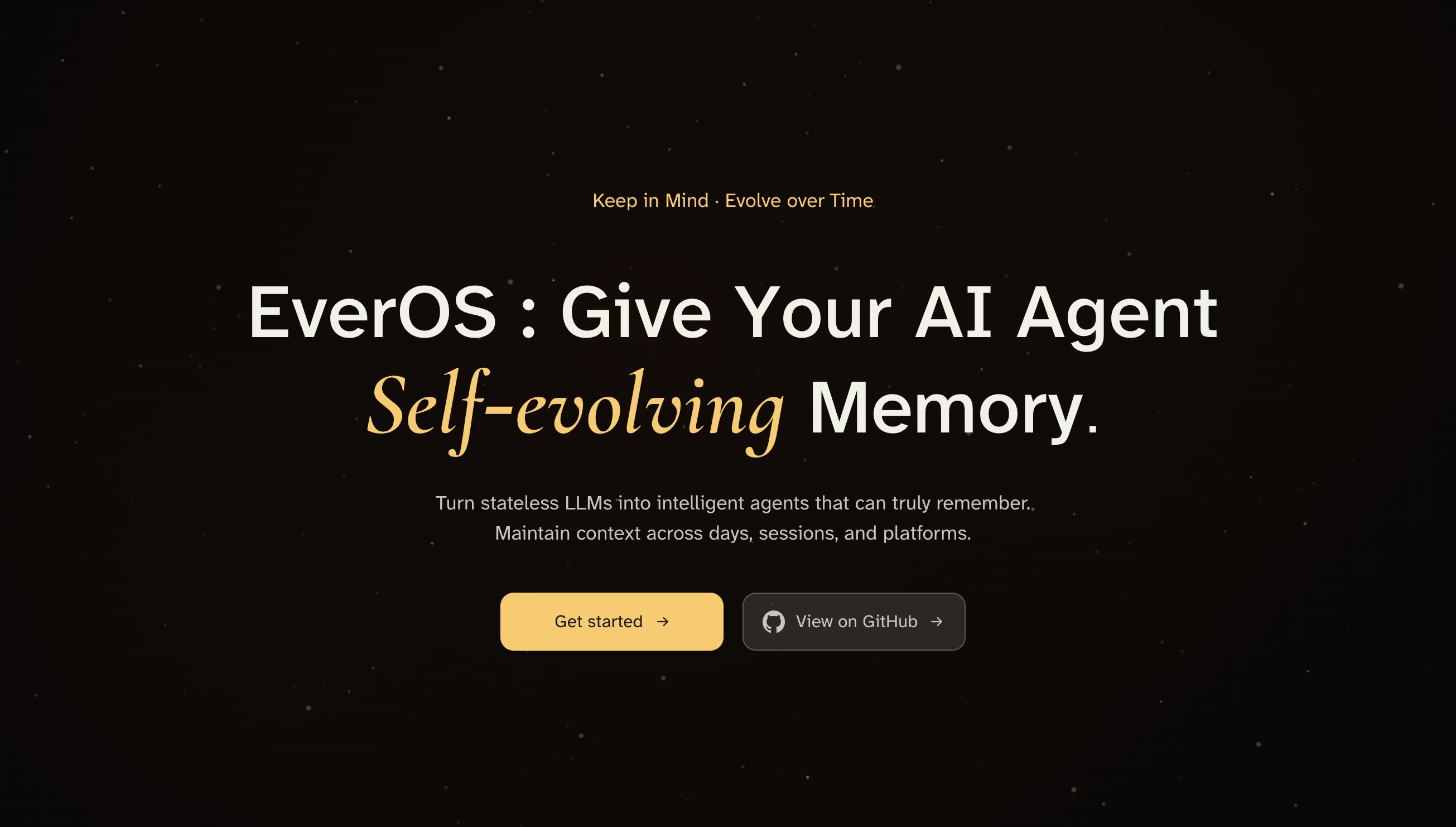 The Evermind homepage: EverOS, giving your AI agent self-evolving memory that turns stateless LLMs into agents holding context across days, sessions and platforms