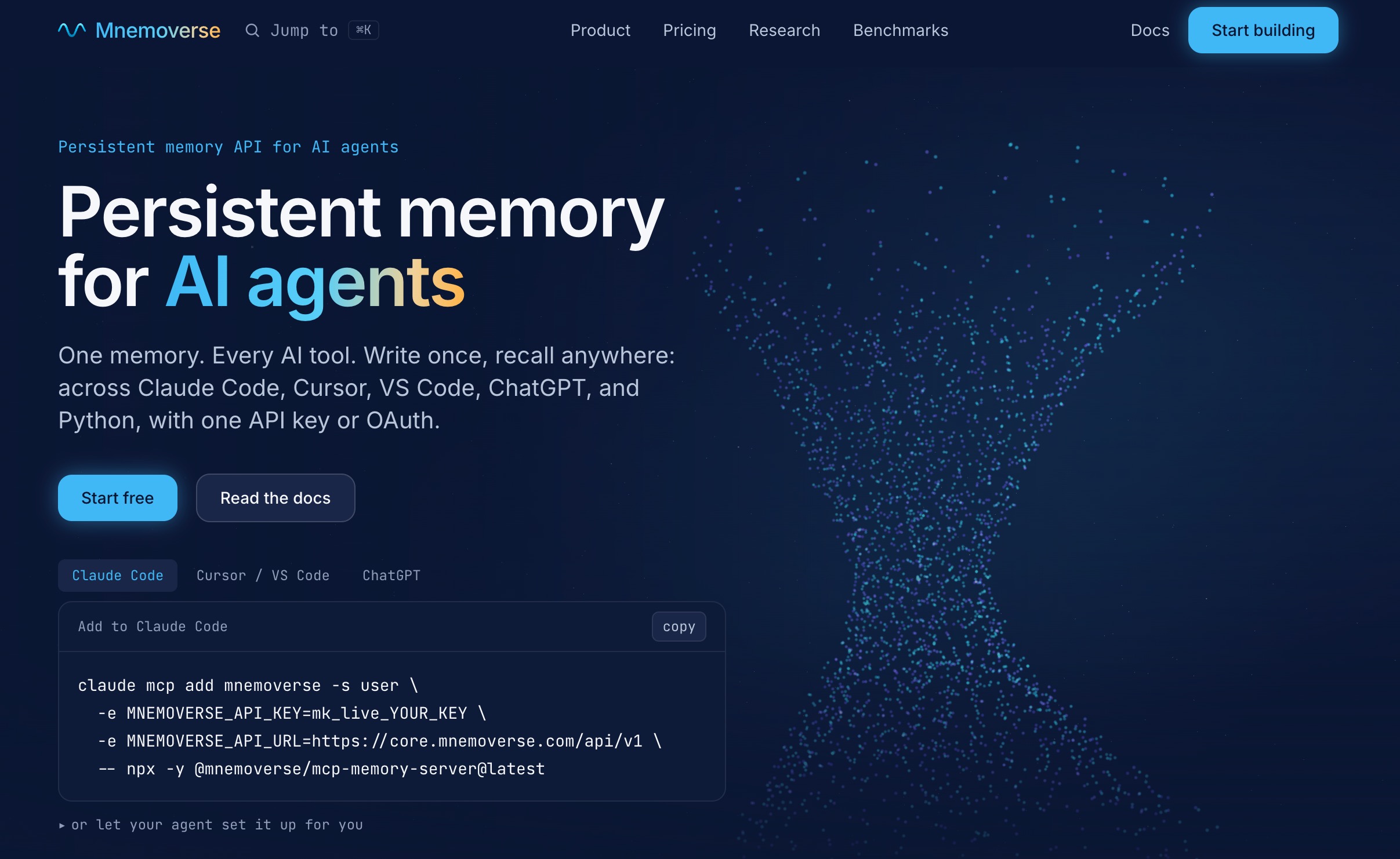 The Mnemoverse homepage: a persistent memory API for AI agents — write once and recall anywhere across Claude Code, Cursor, VS Code, ChatGPT and Python with one API key or OAuth