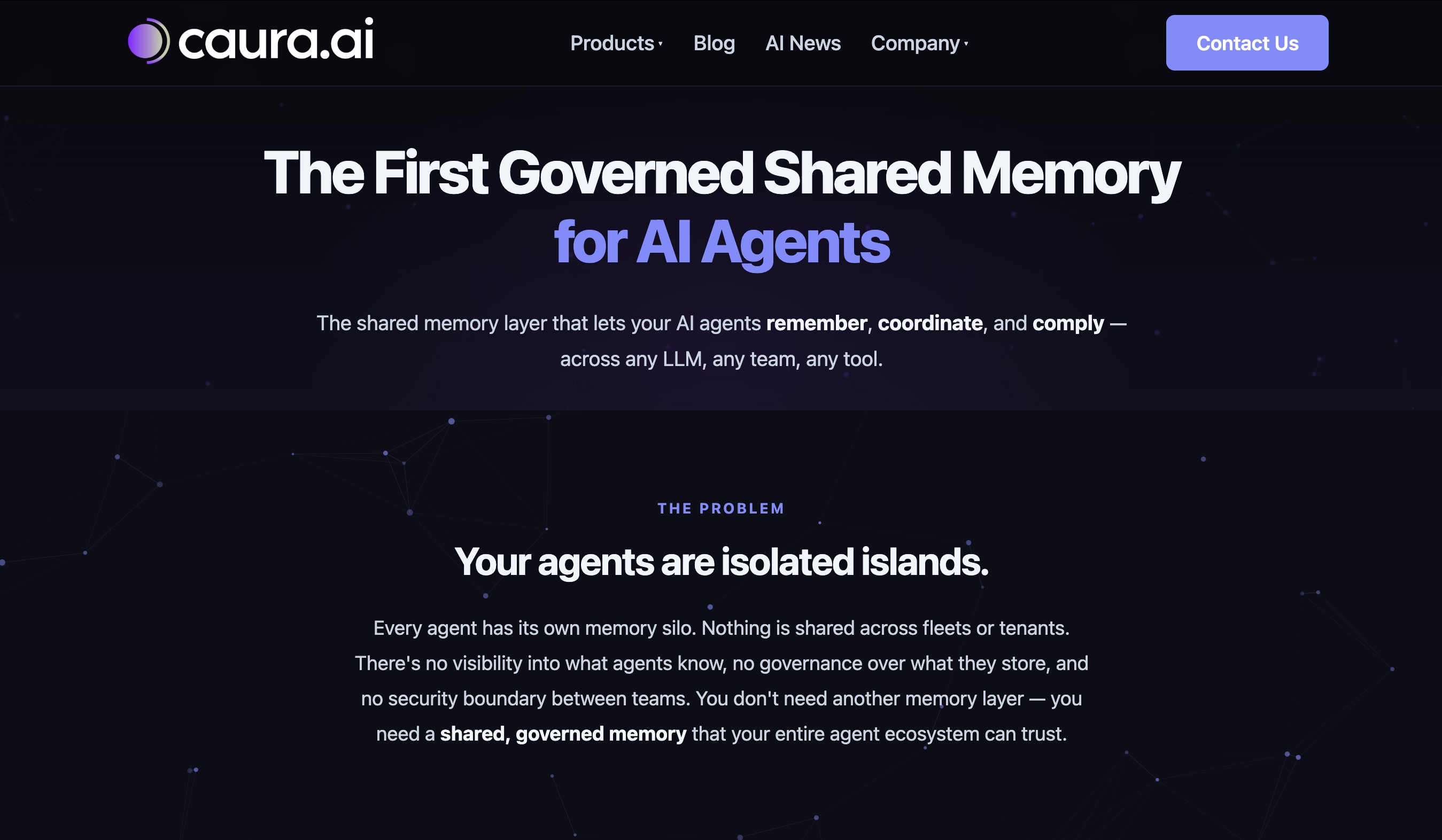 The Caura.AI homepage: the first governed shared memory for AI agents, letting agents remember, coordinate and comply across any LLM, team or tool