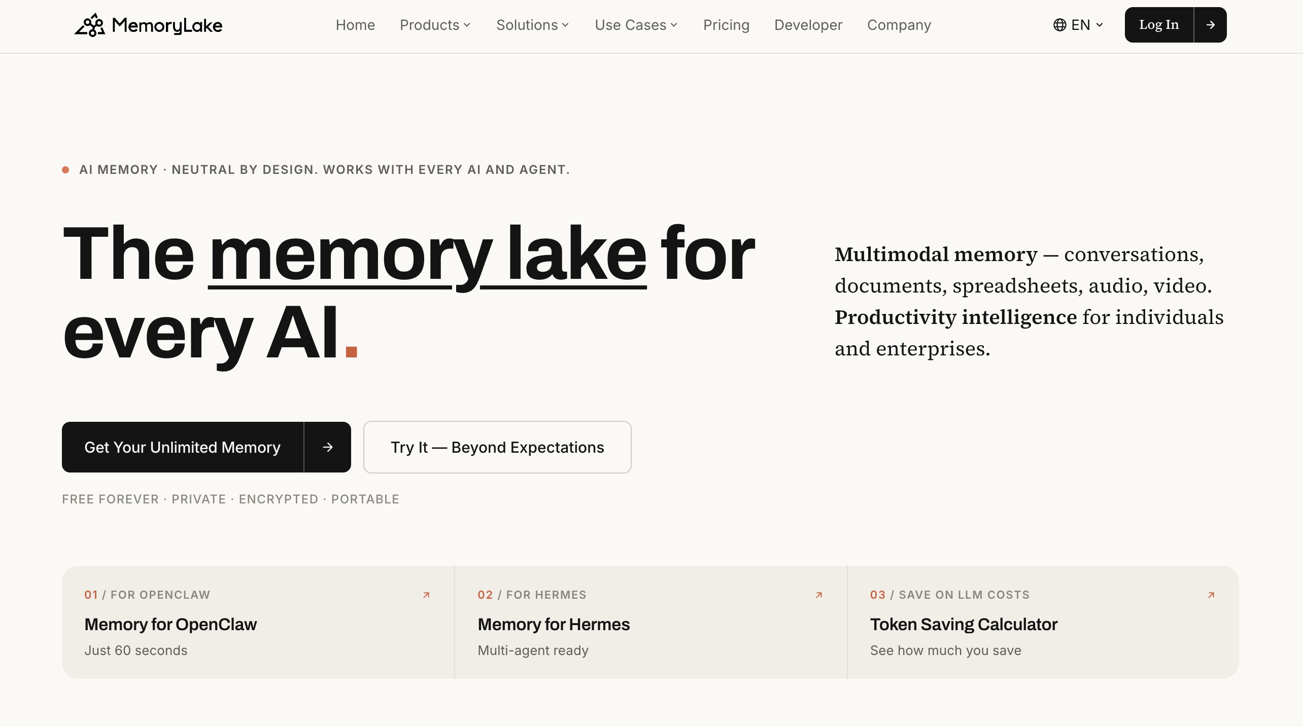 The MemoryLake homepage: the memory lake for every AI, with multimodal memory for conversations, documents, spreadsheets, audio and video