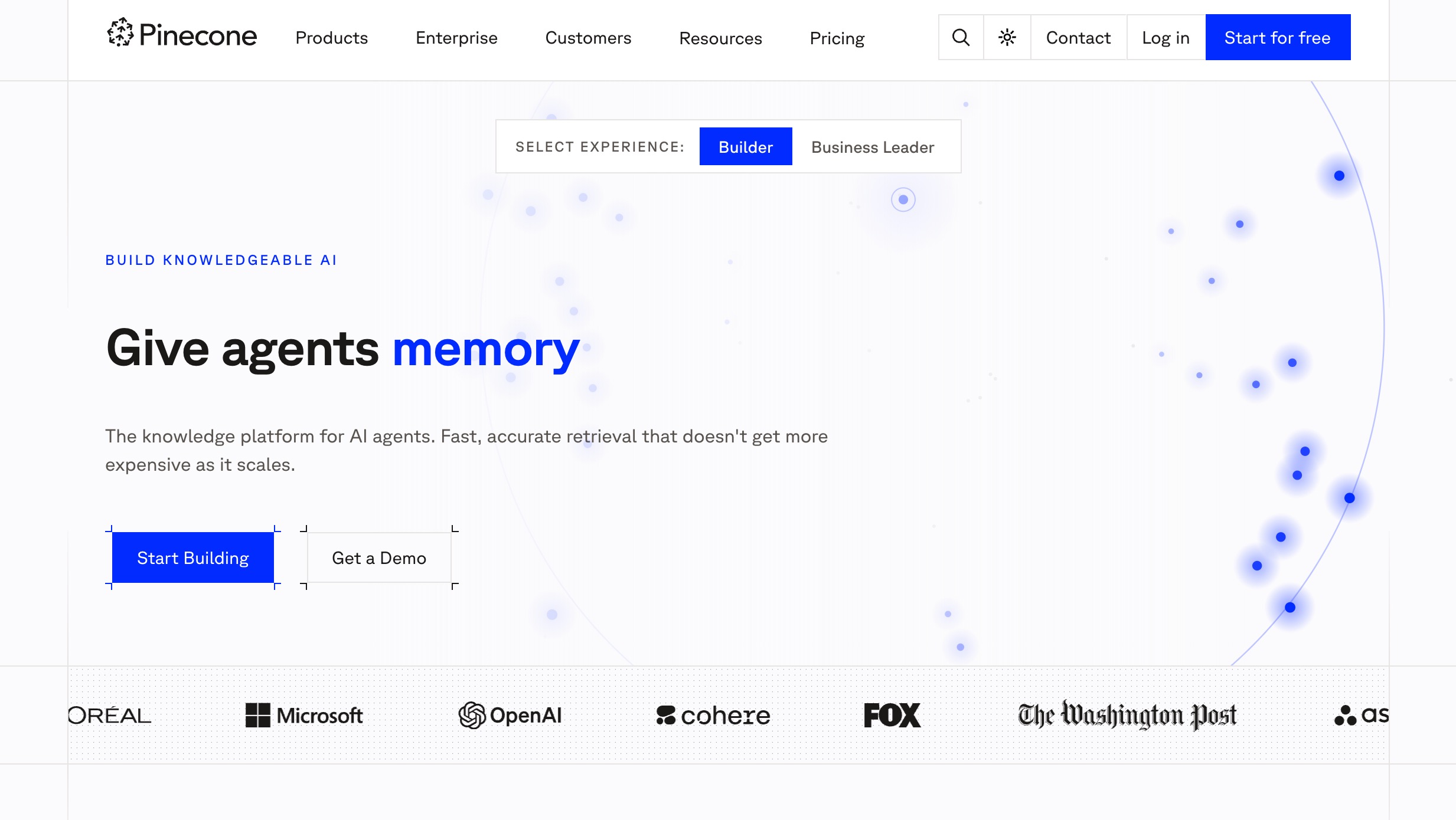 The Pinecone homepage: give agents memory, a knowledge platform for AI agents with retrieval that scales