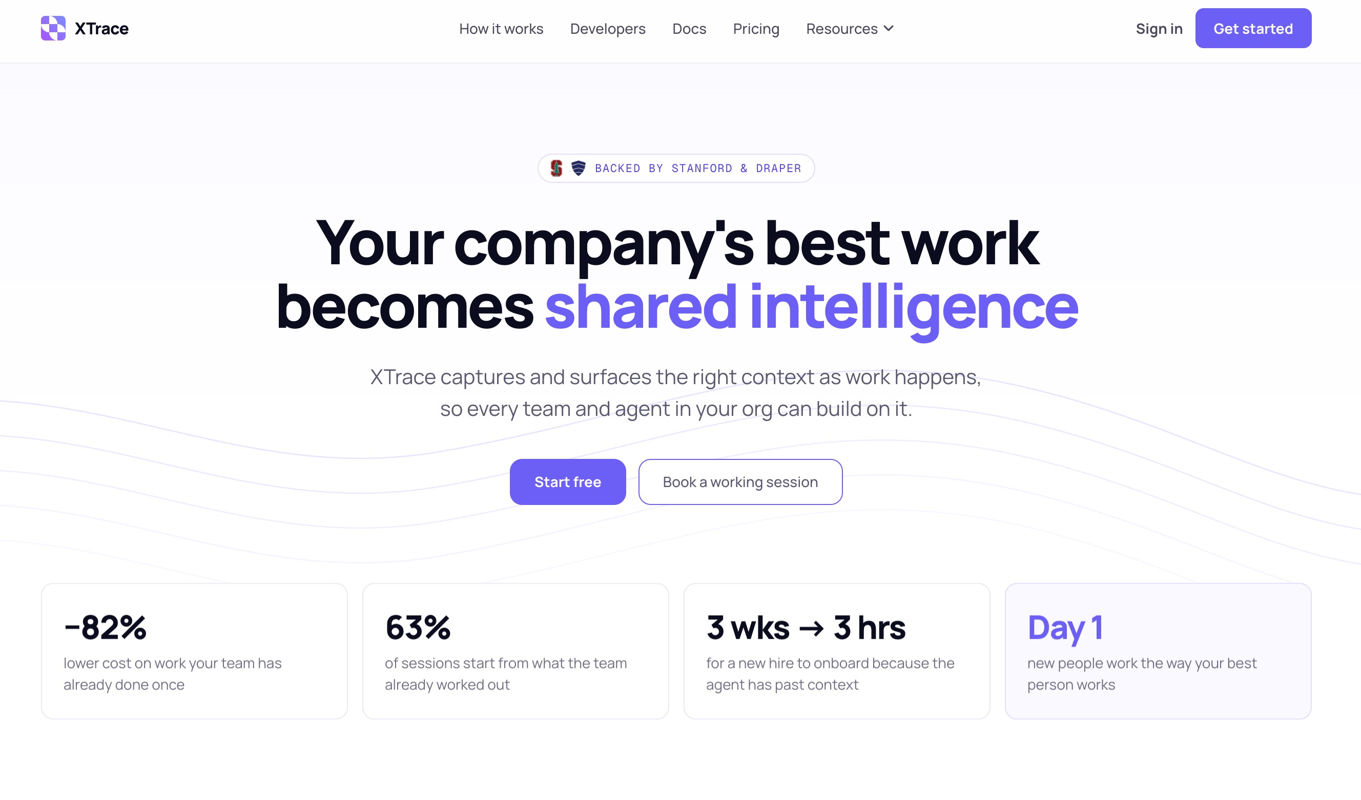 XTrace homepage describing shared intelligence captured from a team's work