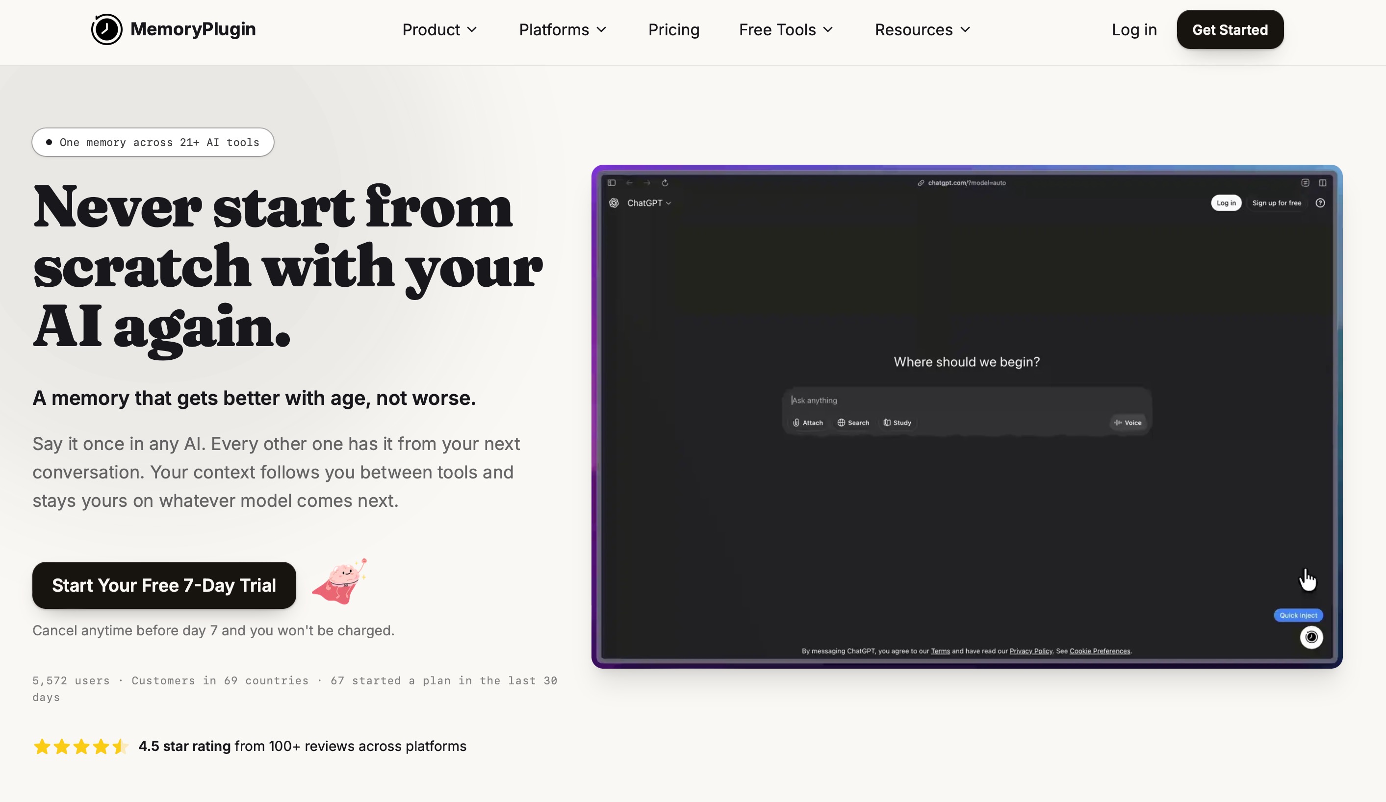 The MemoryPlugin homepage: one memory across 21+ AI tools, shown carrying context into a ChatGPT session