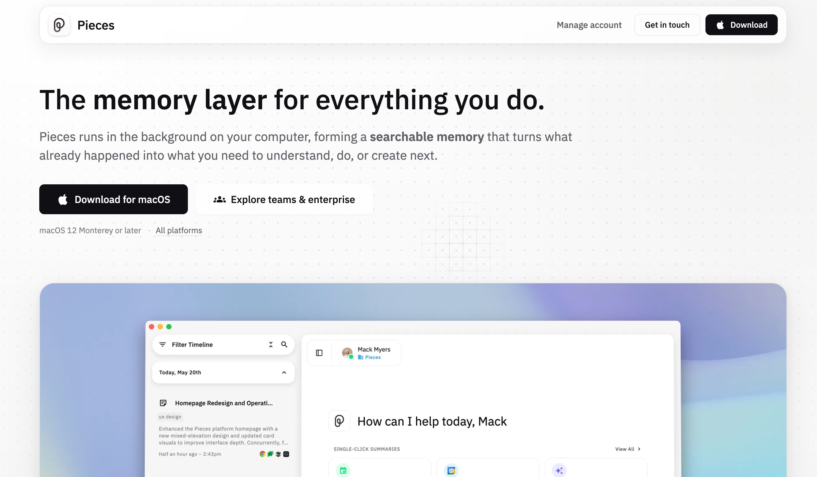 The Pieces homepage: a memory layer that runs in the background and forms a searchable memory of your work