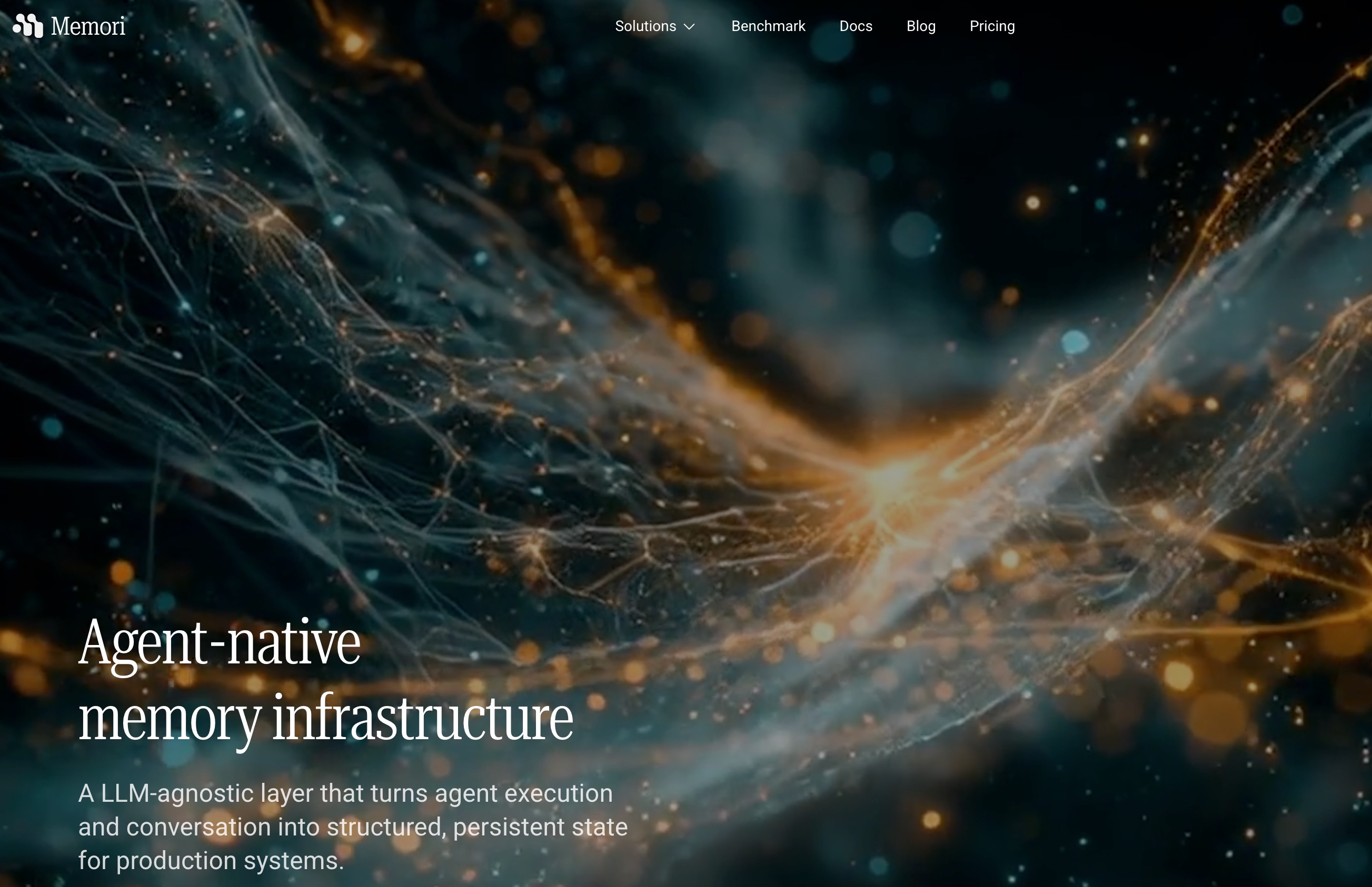 The Memori homepage: agent-native memory infrastructure, an LLM-agnostic layer turning agent execution into structured persistent state