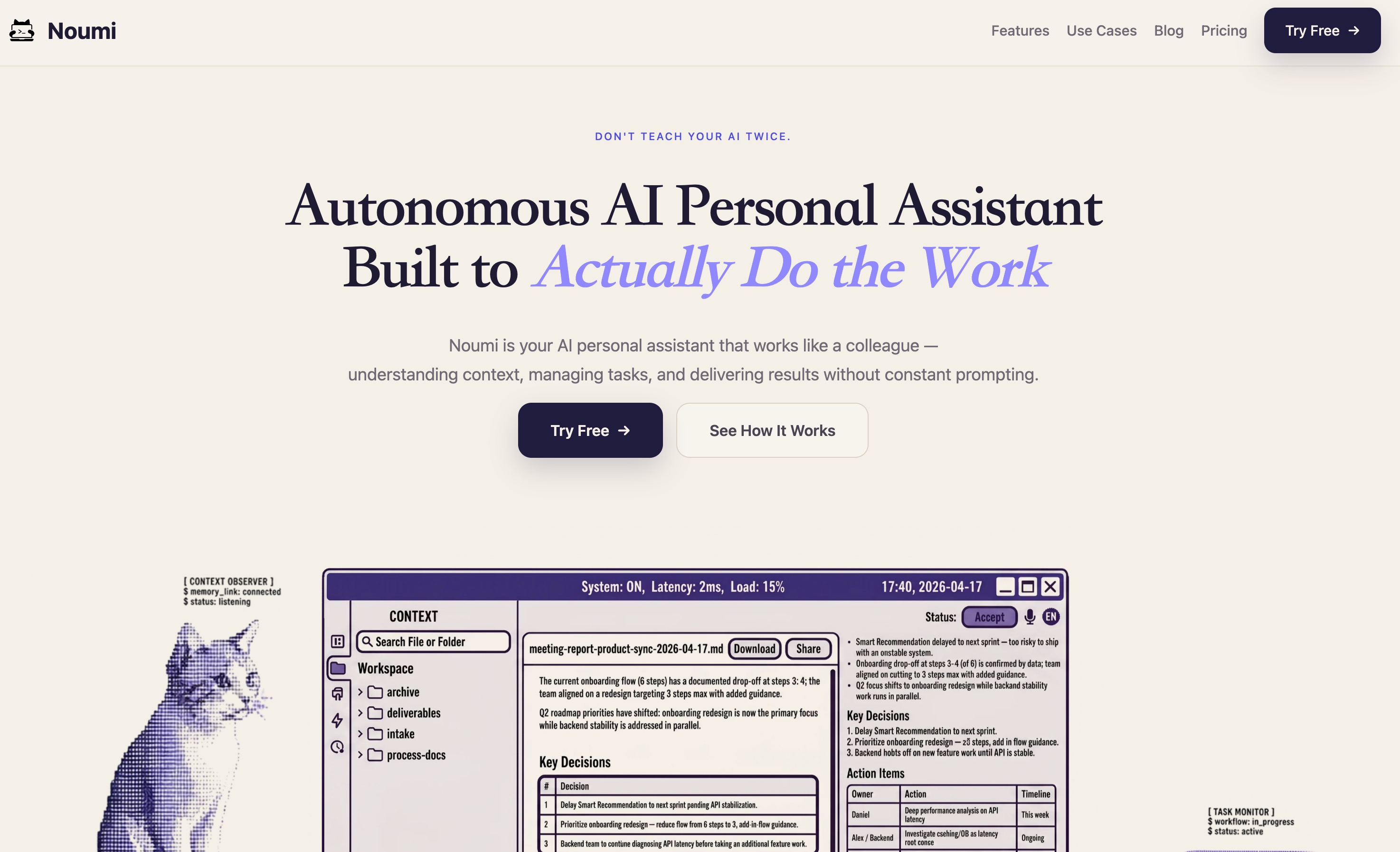The Noumi homepage: an autonomous AI personal assistant, showing a workspace with a meeting report, key decisions and action items