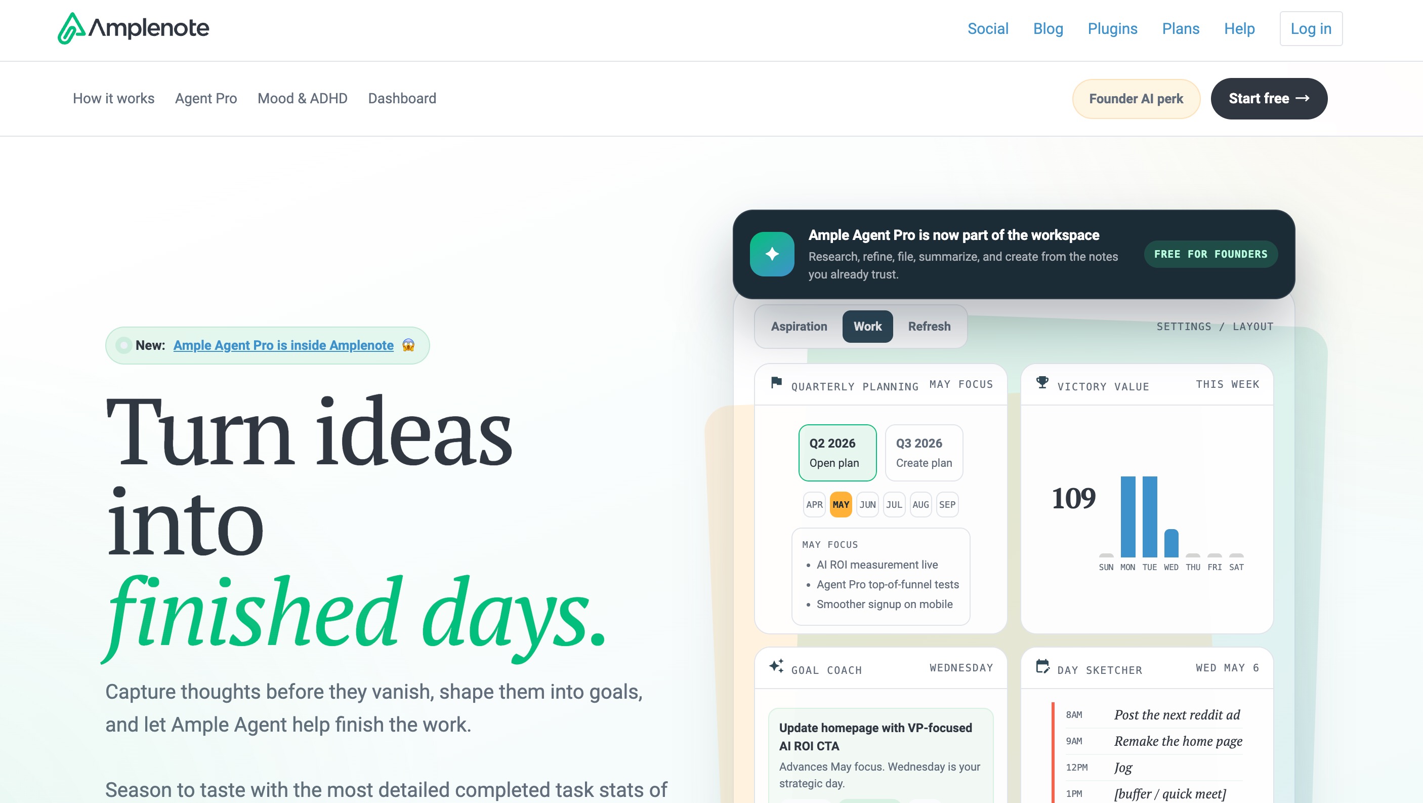 The Amplenote homepage: turn ideas into finished days, with Ample Agent capturing thoughts and shaping them into goals