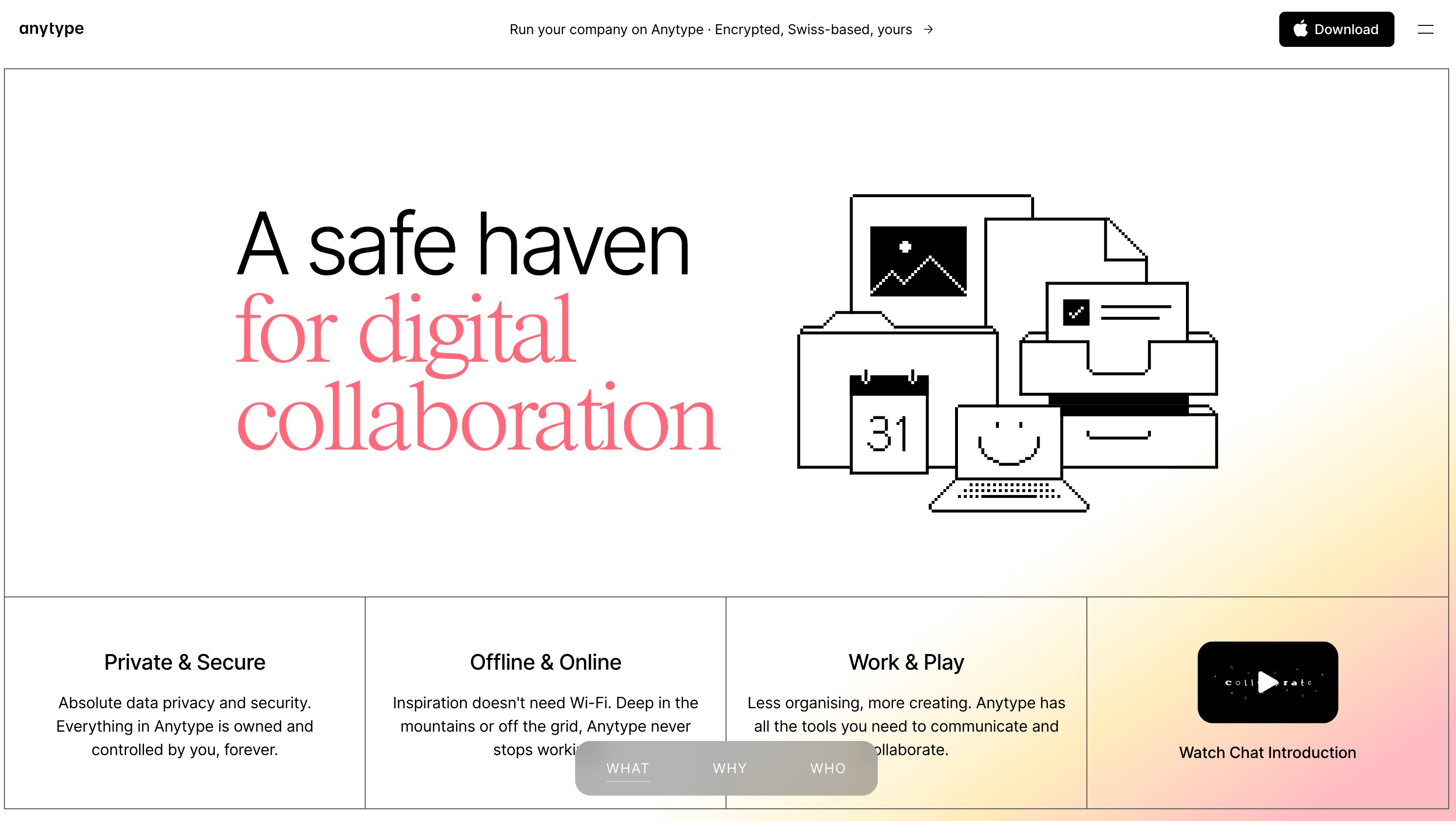 The Anytype homepage: a safe haven for digital collaboration, private and secure, working offline and online