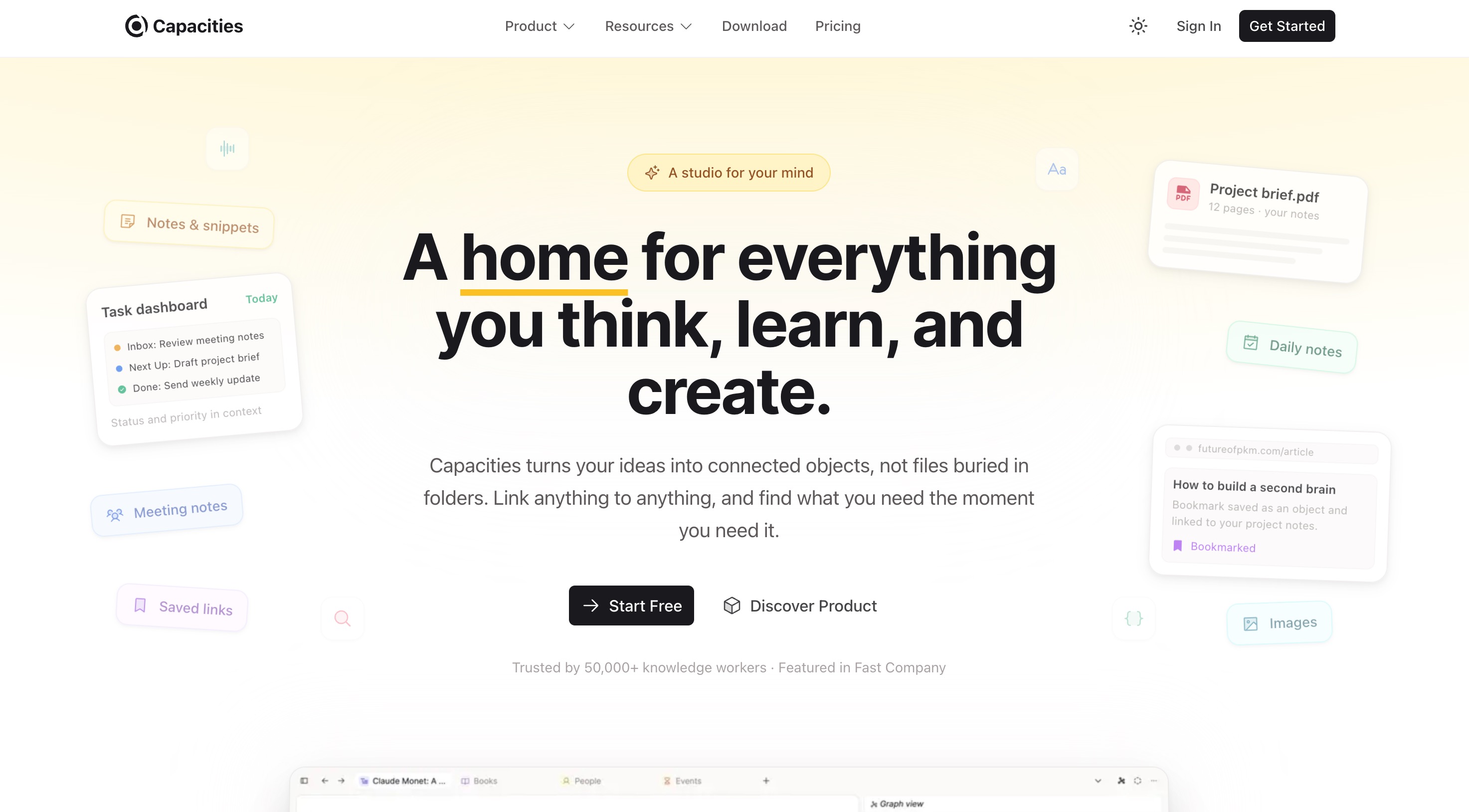 The Capacities homepage: a home for everything you think, learn and create, turning ideas into connected objects instead of files buried in folders