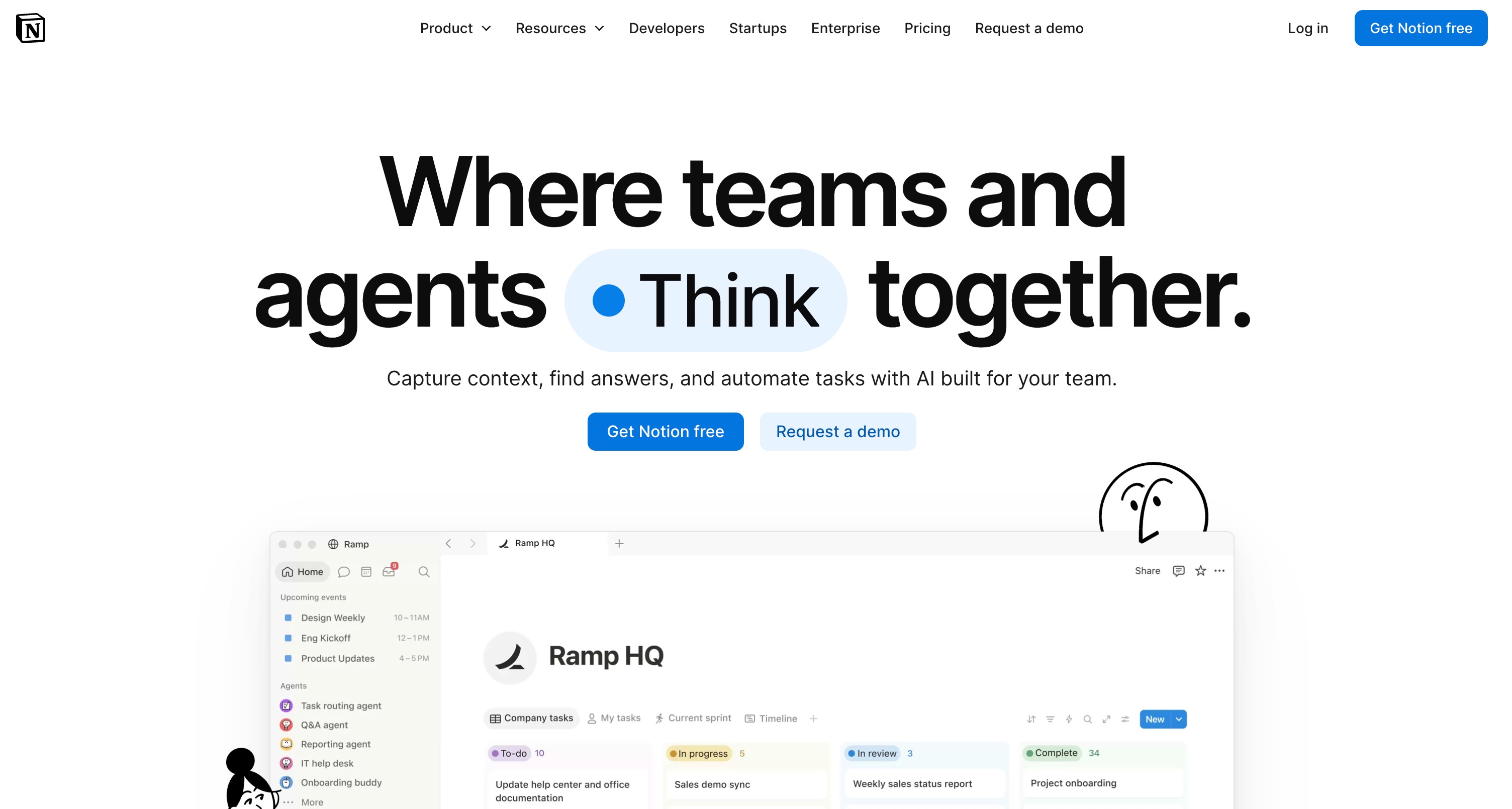 The Notion homepage: where teams and agents think together, capturing context and automating tasks with AI built for the team