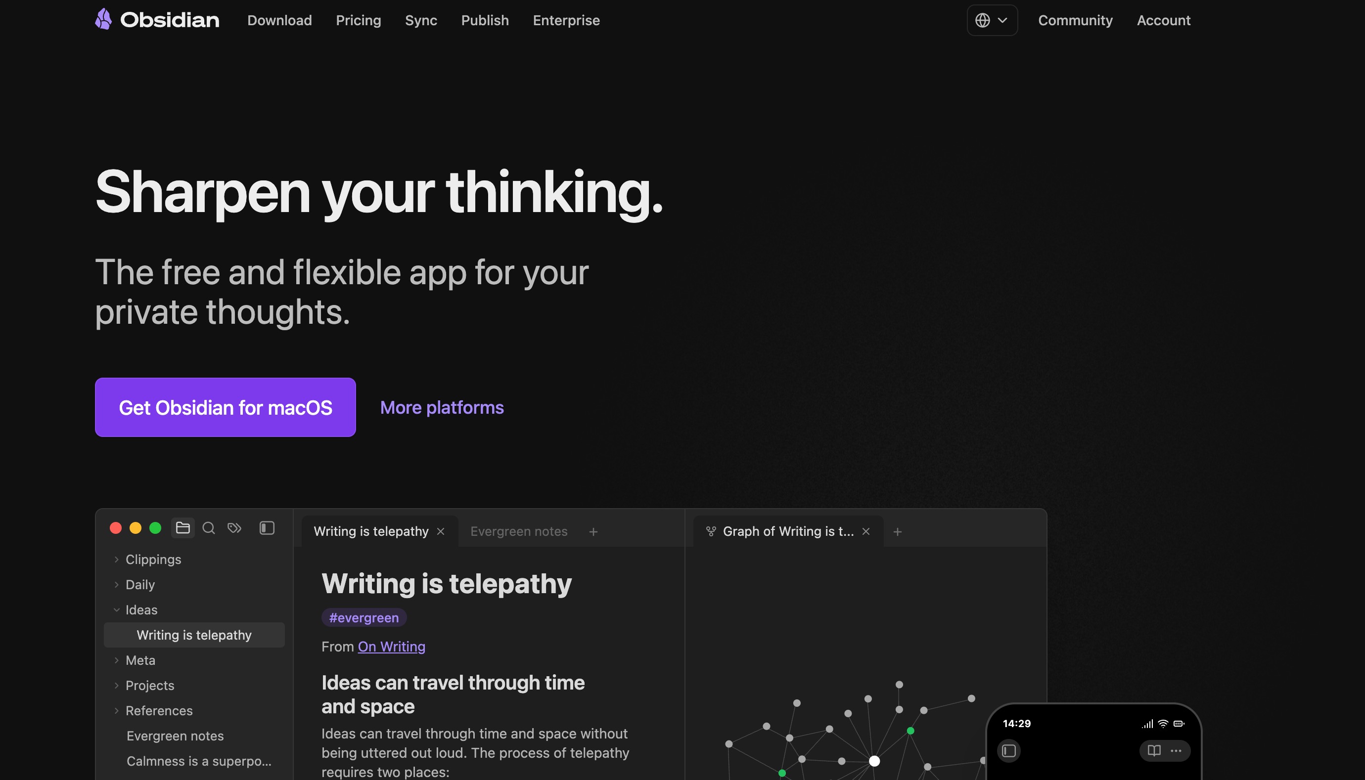 The Obsidian homepage: a free and flexible app for private thoughts, showing linked notes beside a graph view