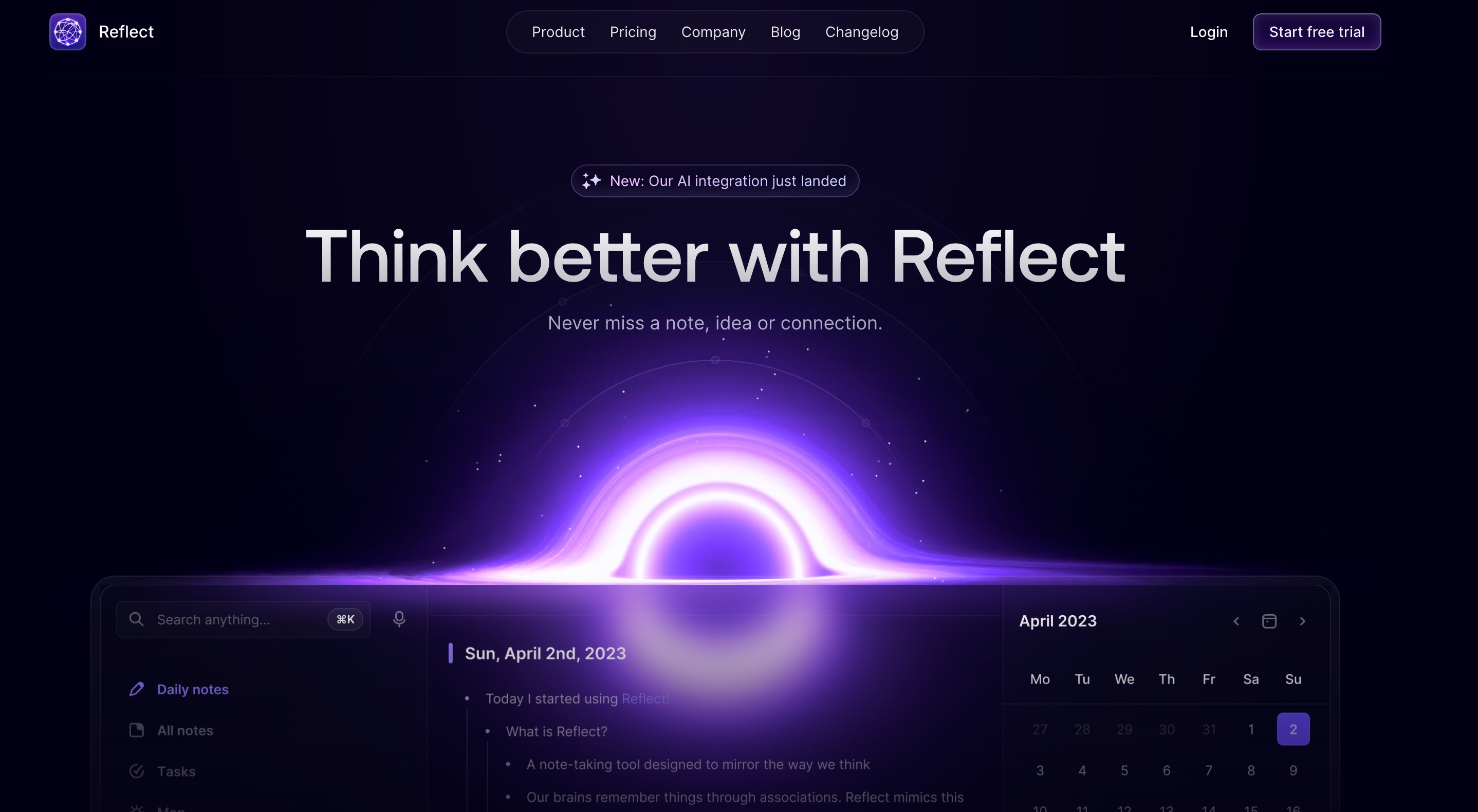 The Reflect homepage: think better with Reflect, a note-taking app with daily notes, search and a calendar sidebar
