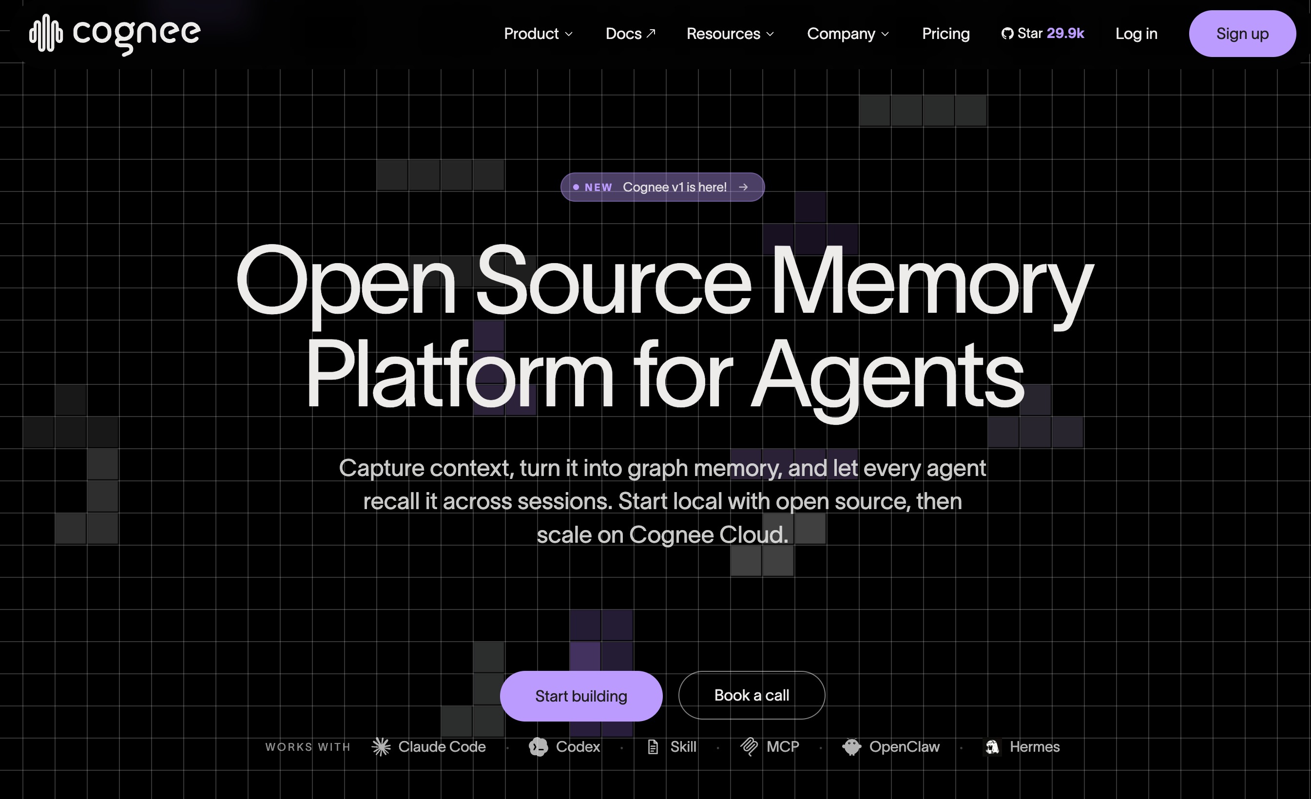 The Cognee homepage: an open source memory platform for agents that turns captured context into graph memory