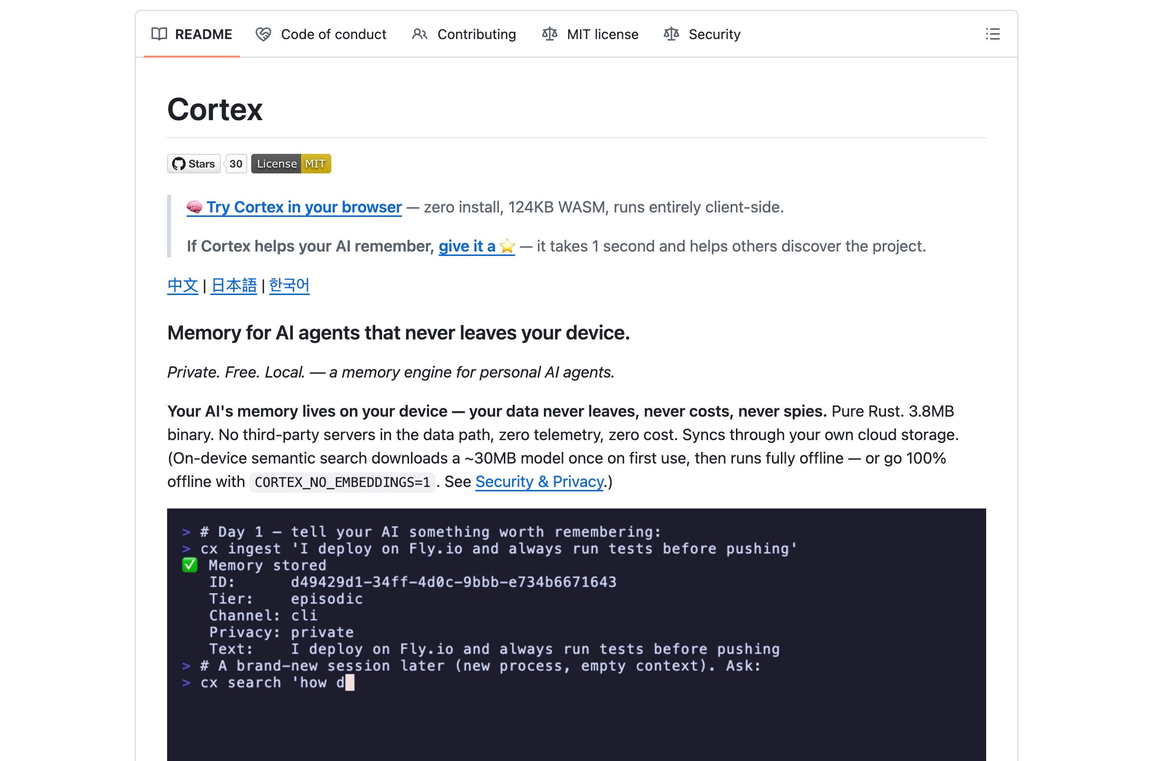 The Cortex GitHub README: memory for AI agents that never leaves your device, with a local cx ingest and cx search example