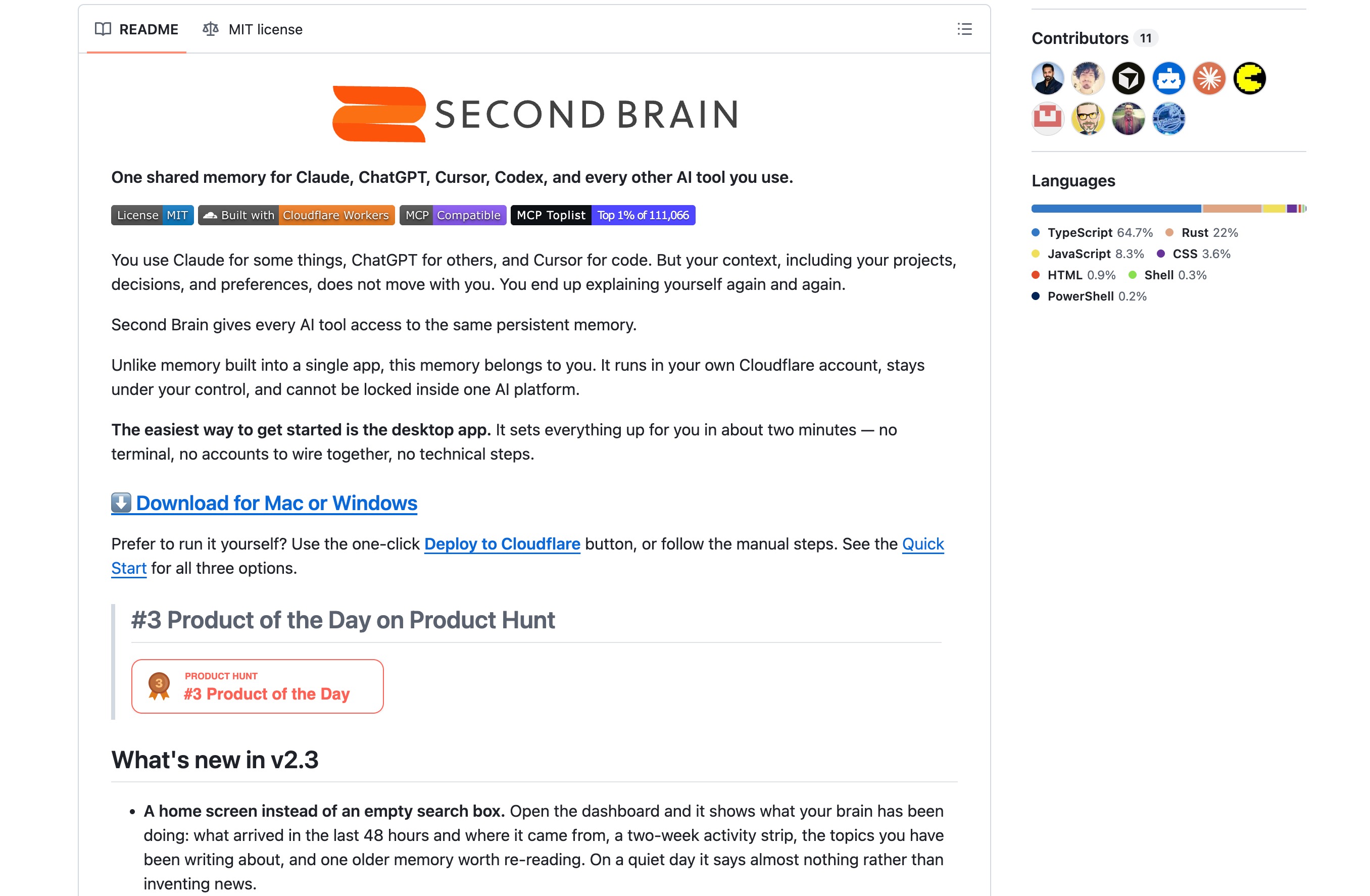 The Second Brain GitHub README: one shared memory for Claude, ChatGPT, Cursor and Codex, self-hosted on Cloudflare Workers