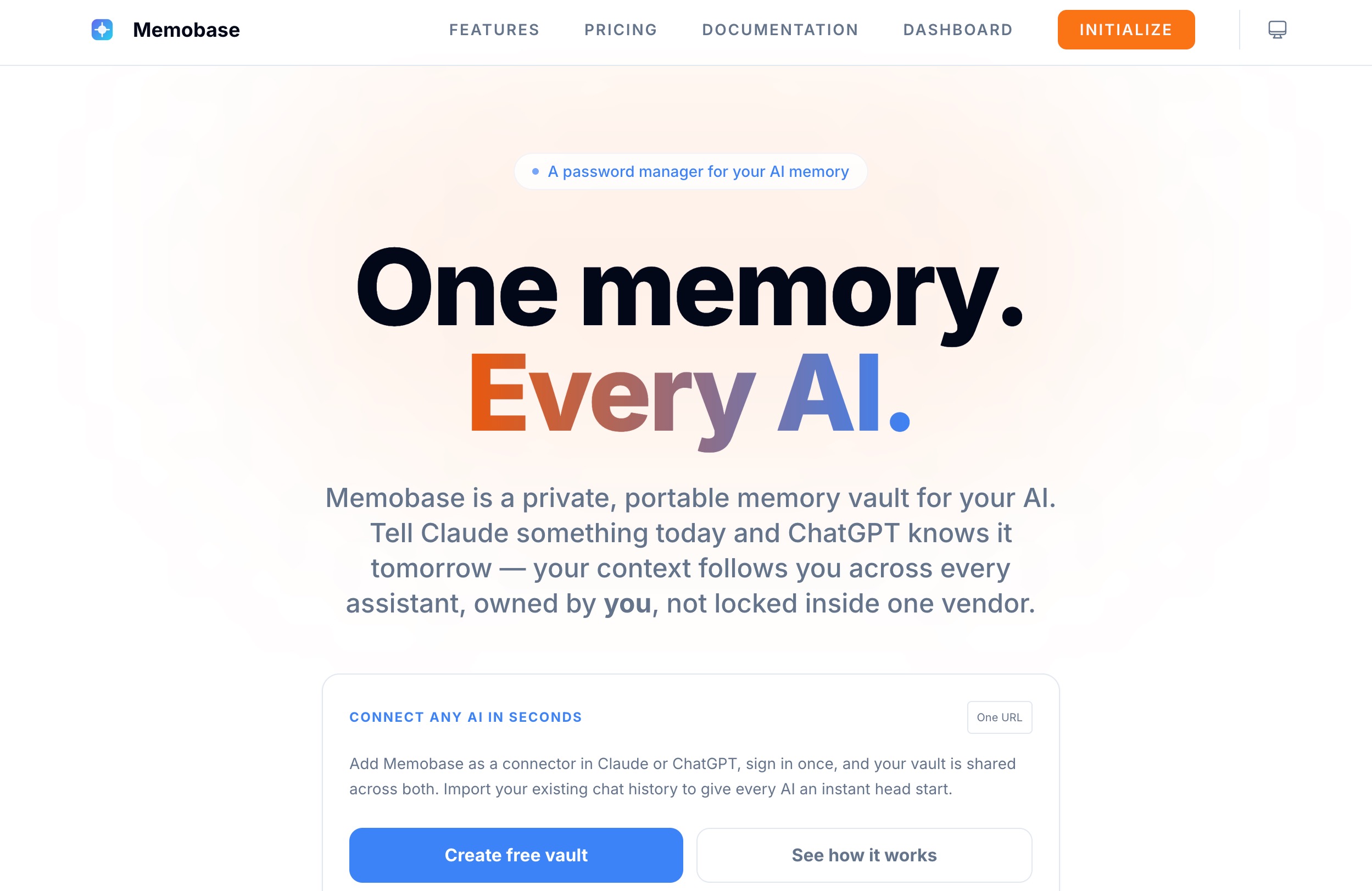The Memobase homepage: a private, portable memory vault described as a password manager for AI memory, shared across Claude and ChatGPT