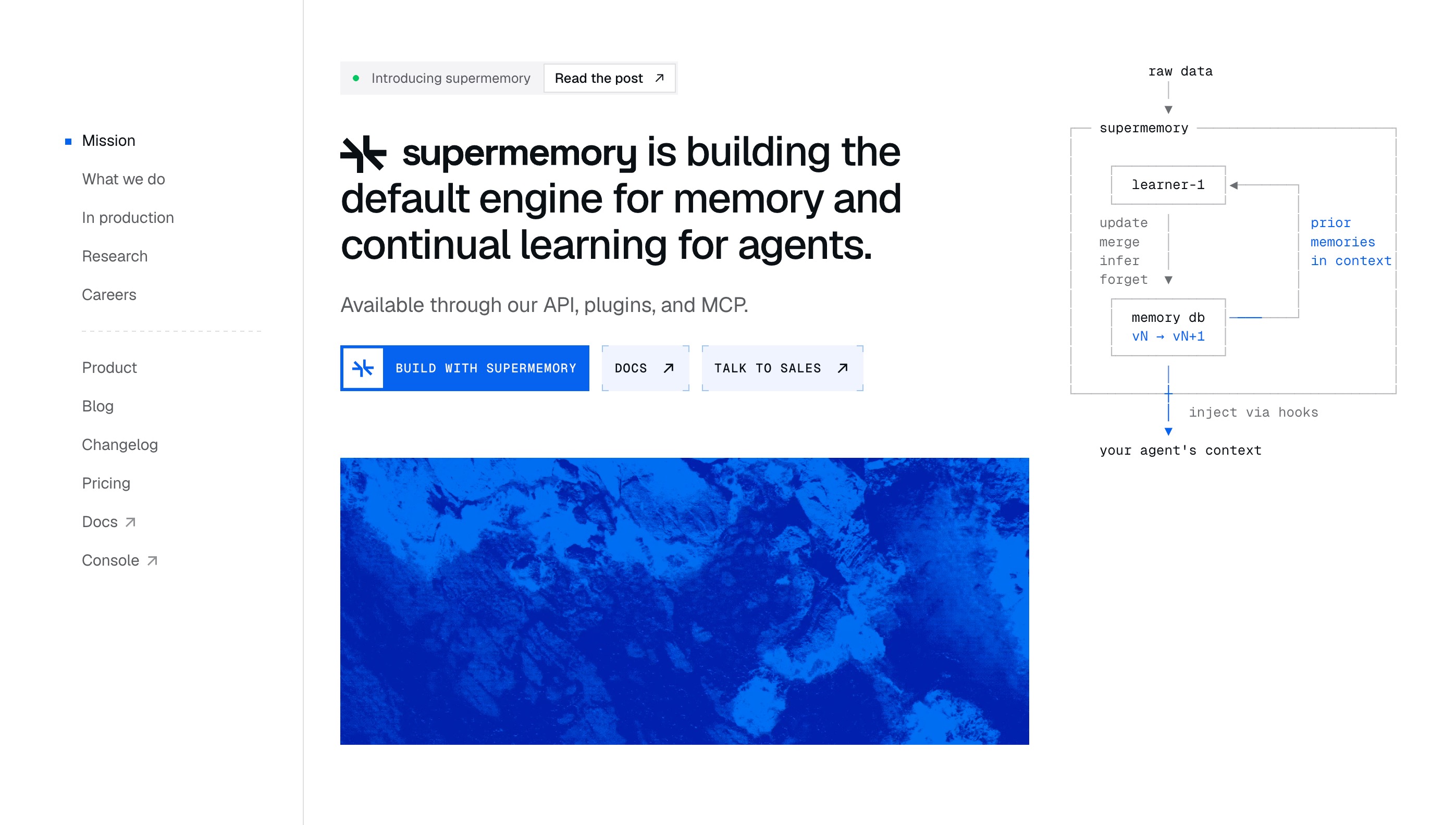 The supermemory mission page: building the default engine for memory and continual learning for agents, with a diagram of raw data flowing into a versioned memory database