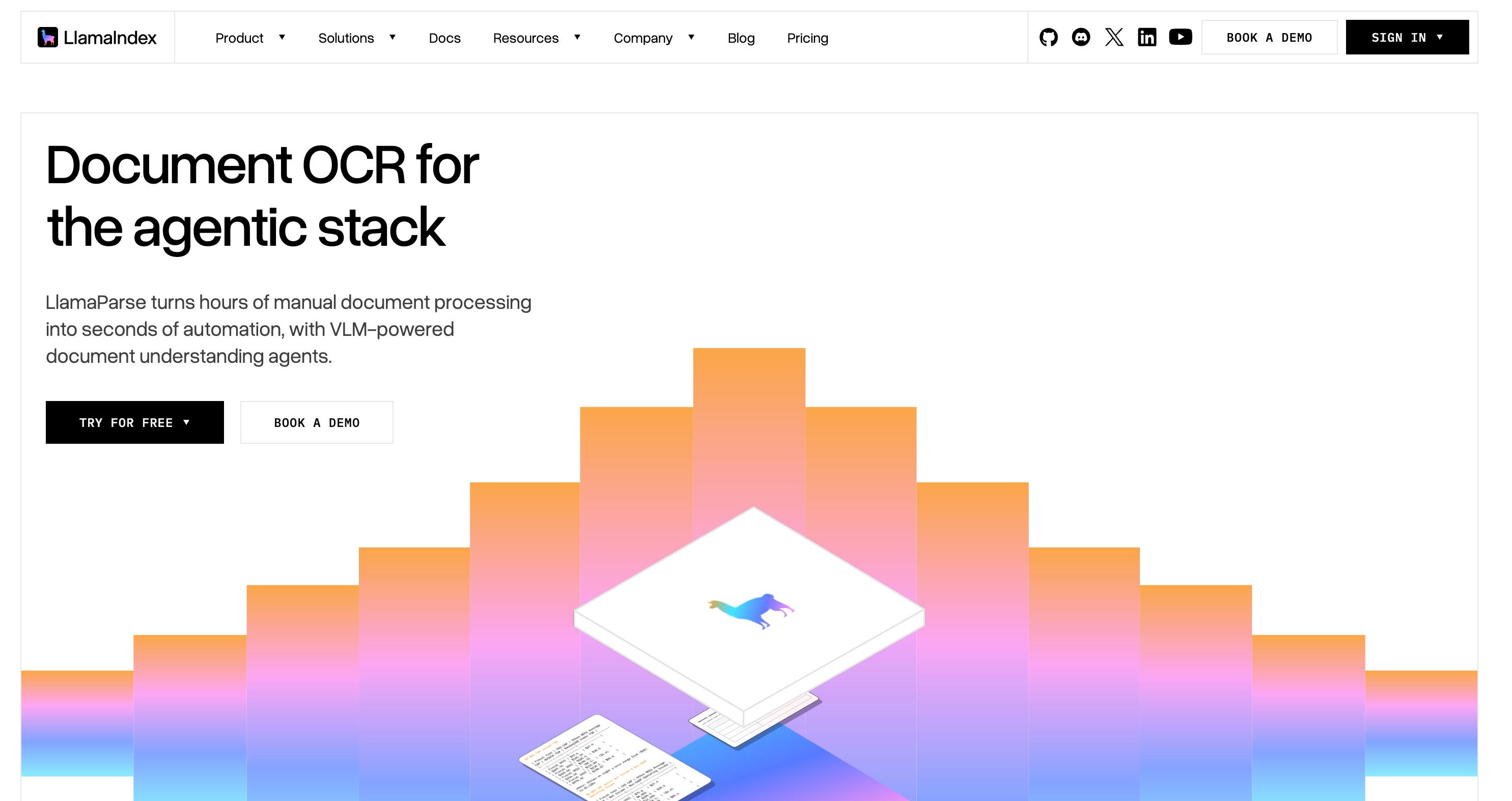 The LlamaIndex homepage: document OCR for the agentic stack, with LlamaParse turning hours of manual document processing into VLM-powered automation