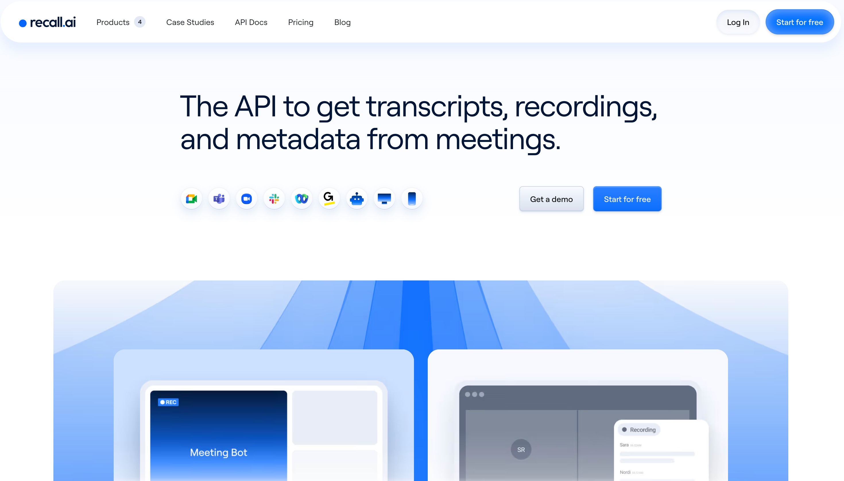 The Recall.ai homepage: the API to get transcripts, recordings and metadata from meetings, with a meeting bot that joins calls across the major platforms