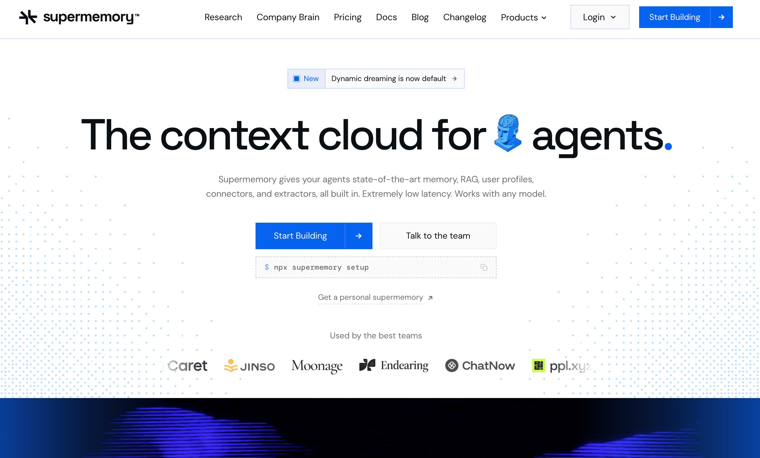 The Supermemory homepage: the context cloud for agents, bundling memory, RAG, user profiles, connectors and extractors