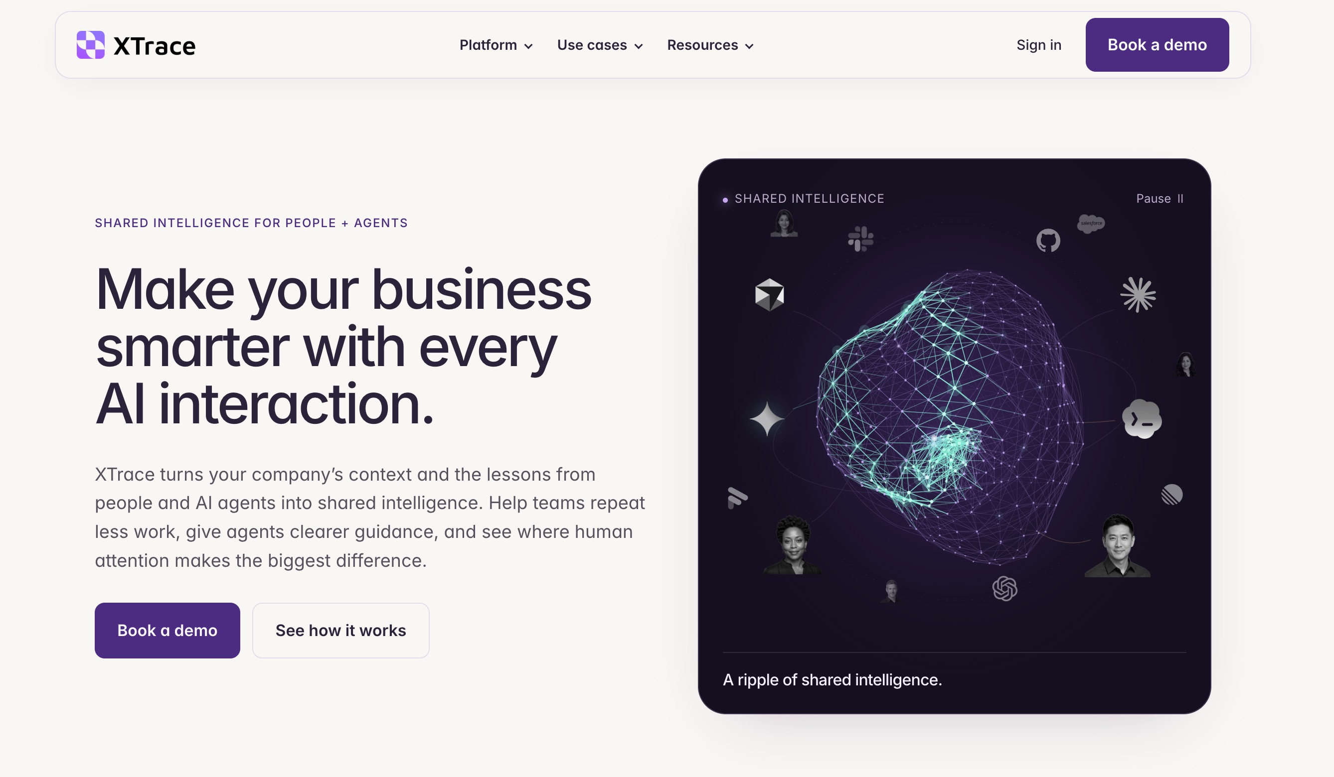 The XTrace homepage: shared intelligence for people and agents, turning company context and the lessons from people and AI agents into guidance teams and agents share
