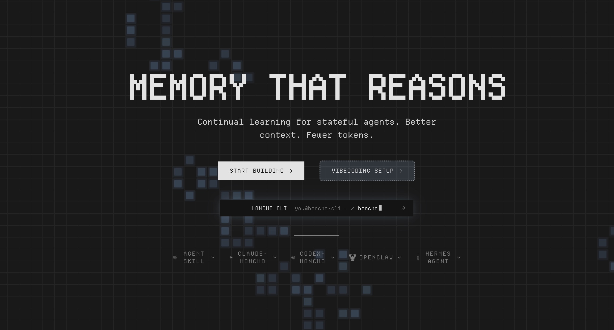 The Honcho homepage: memory that reasons, continual learning for stateful agents with a CLI and integrations for Claude, Codex, OpenClaw and Hermes