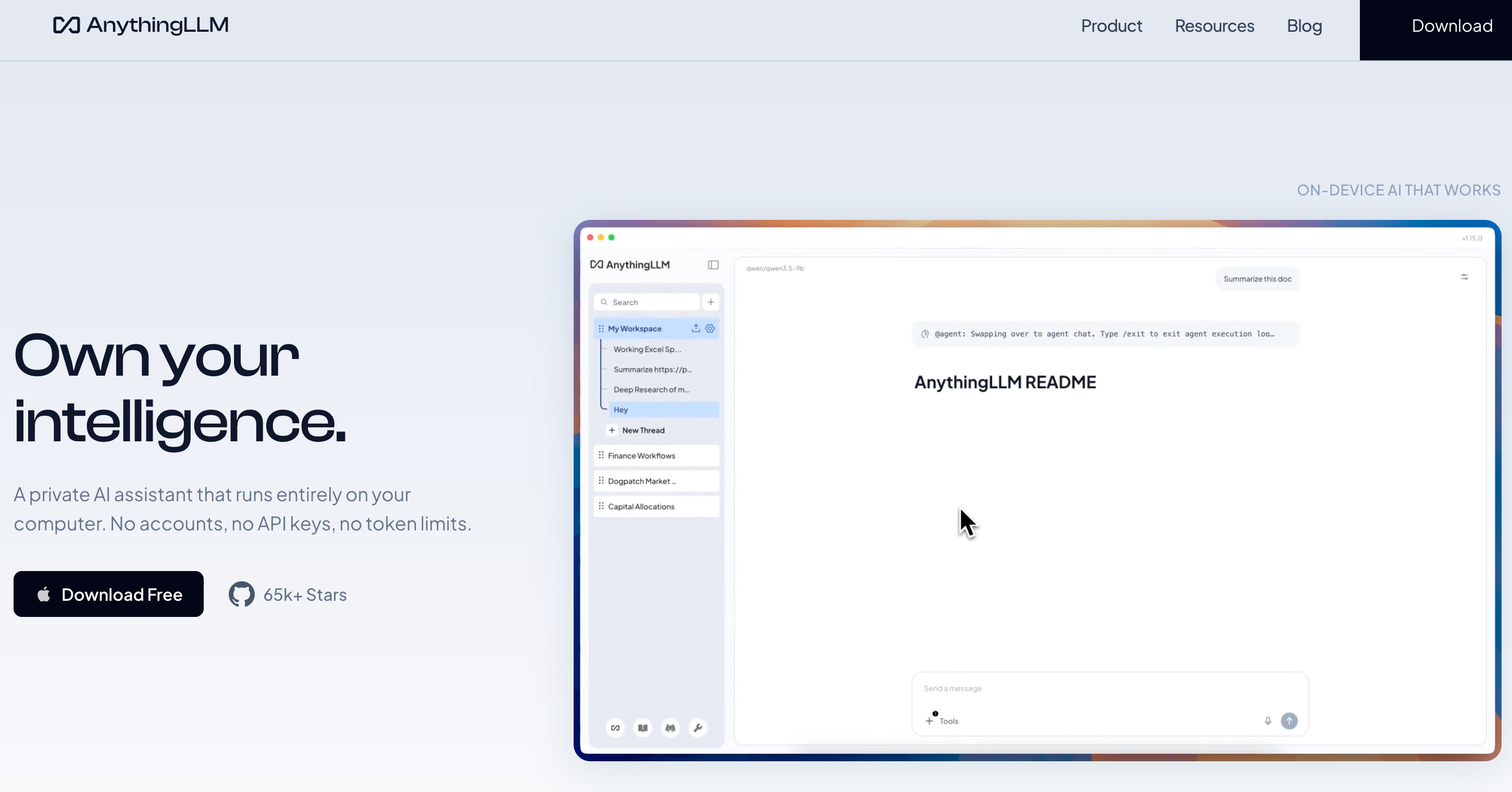 The AnythingLLM homepage: own your intelligence, a private AI assistant that runs entirely on your computer with no accounts, API keys or token limits