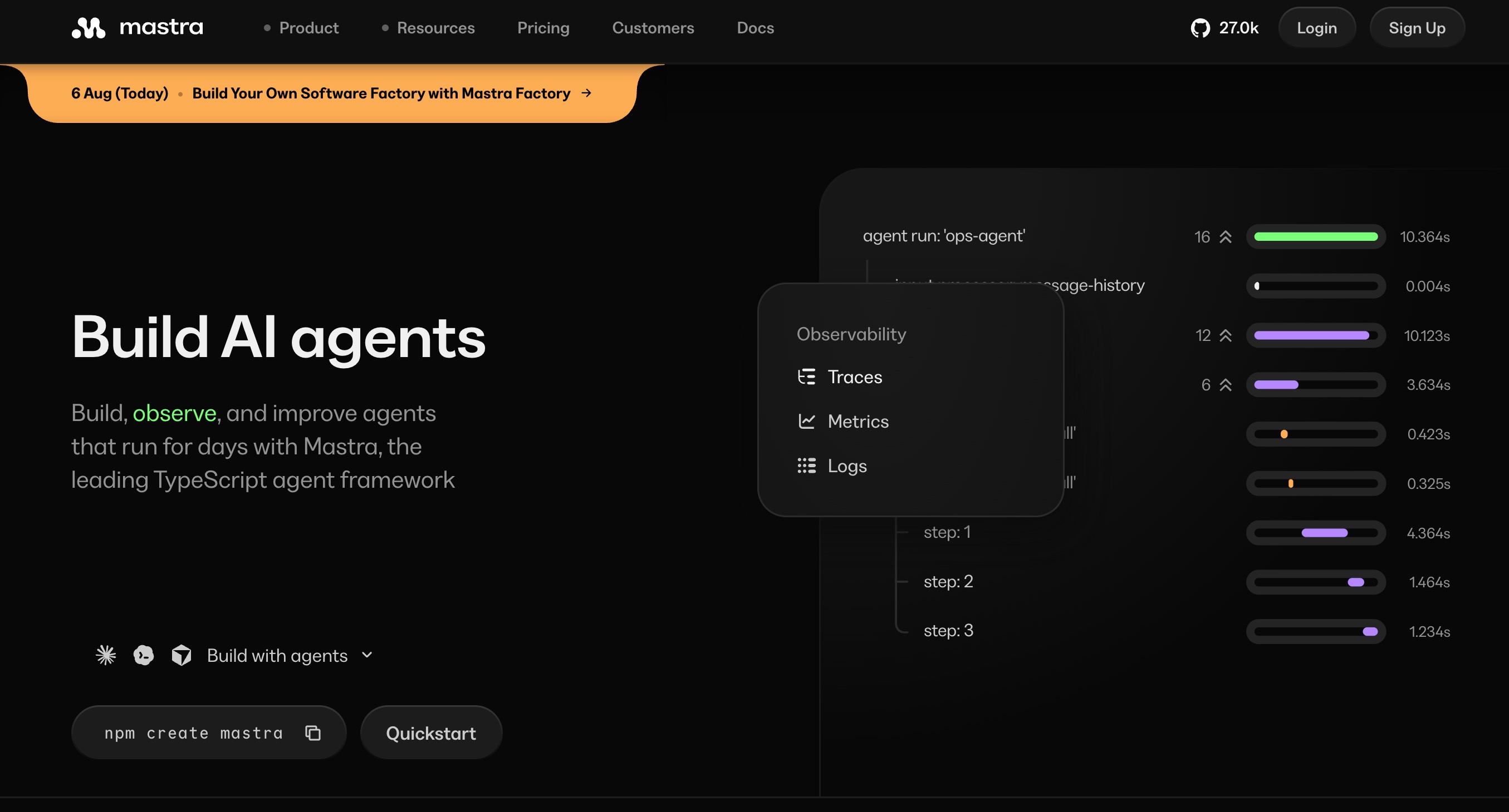 The Mastra homepage: build, observe and improve AI agents in TypeScript, with an observability trace timeline of an agent run