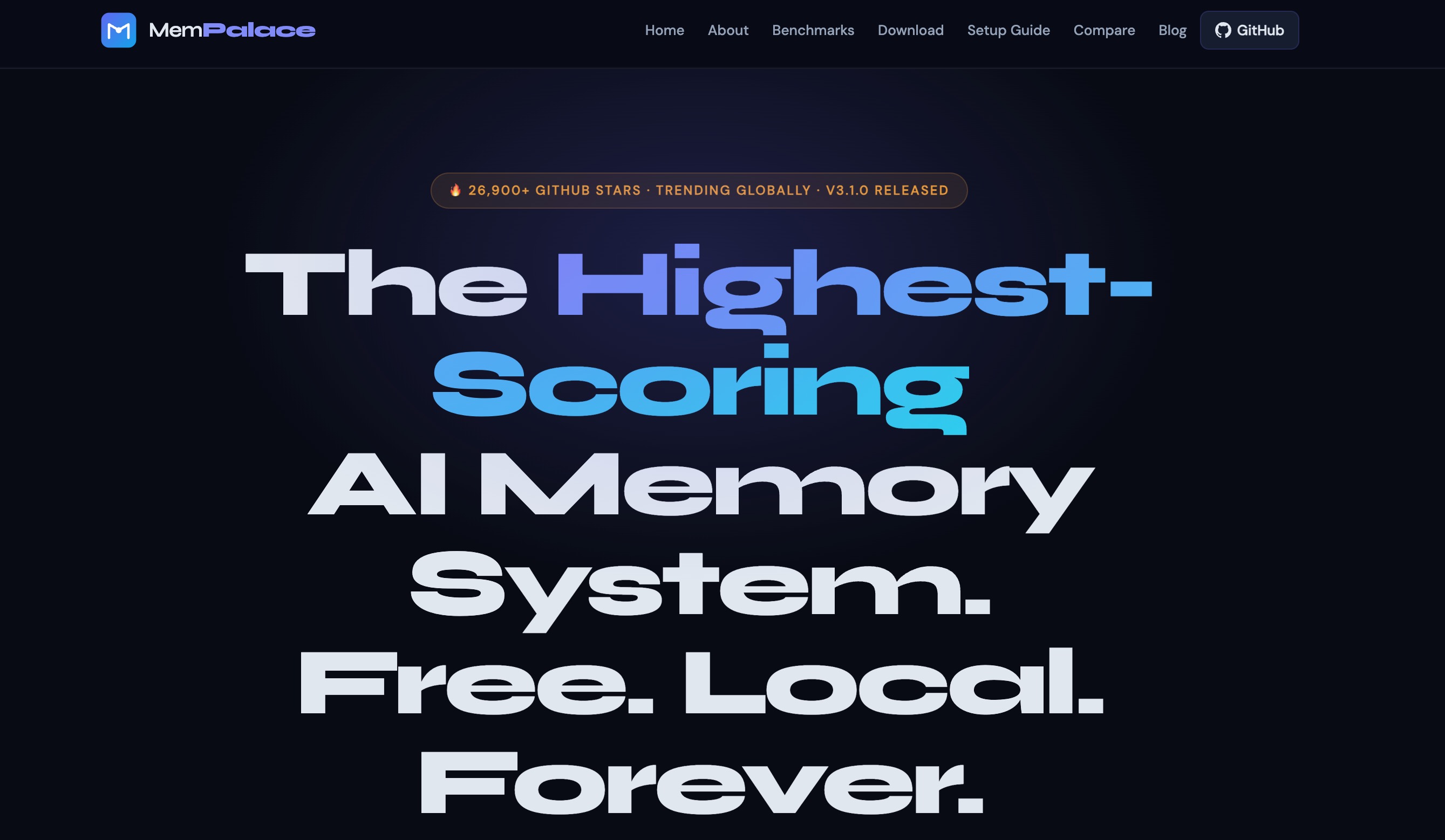 The MemPalace homepage: an AI memory system billed as free, local and forever, with a GitHub stars and release banner above the headline