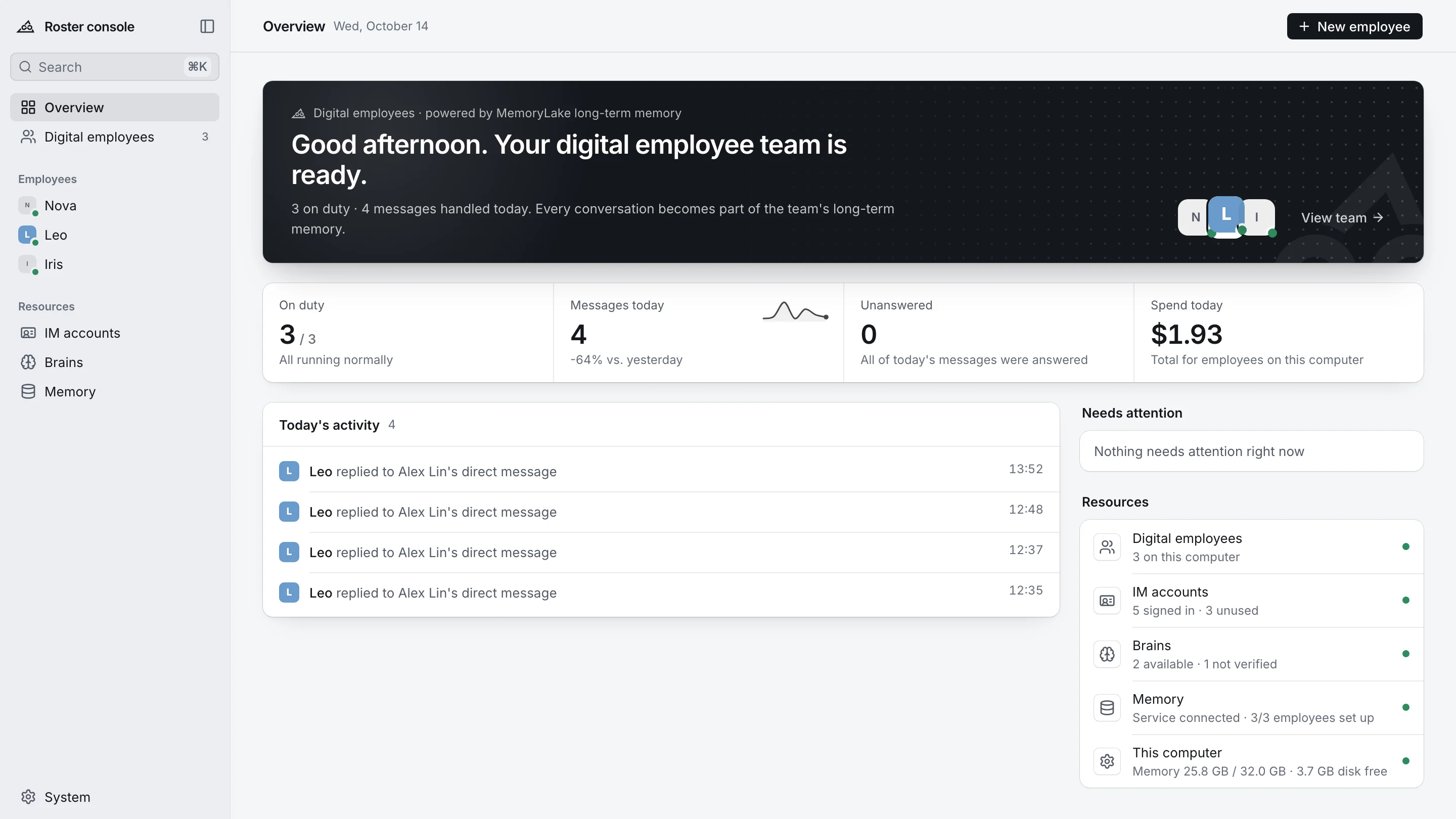 Roster console overview: employees on duty, today's messages and spend, activity feed and resources